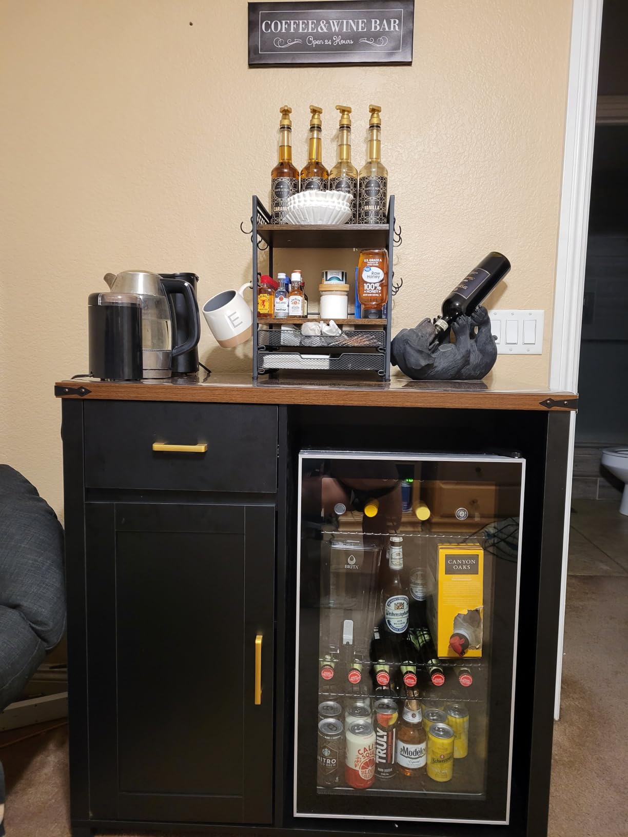 GDLF 60.2-Inch Home Bar Cabinet with Fridge Space, Amber LED, Black/Walnut | 3-Tier 360° Rotating Liquor Rack, Glass Cabinet, Power Outlets, Dining Room, Basement And Home Theaters customer photo 2