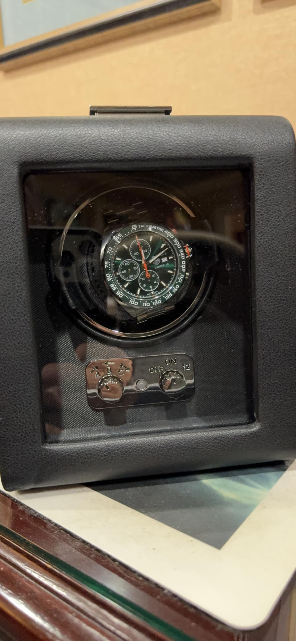Wolf Heritage Single Winder with Glass Cover, Black - Secure Fit with Patented Lock-in Dynamic Cuff - for Bigger, Heavier Watches - Vegan Leather - Includes Universal Adapter customer photo 1