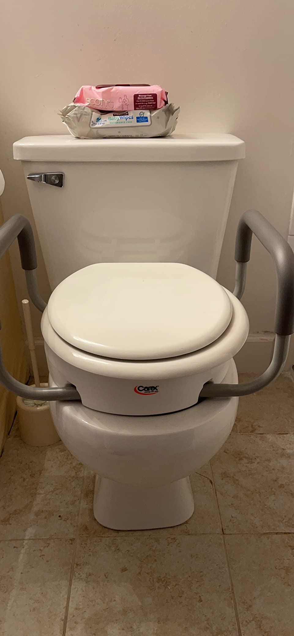 Carex 3.5 Inch Raised Toilet Seat with Arms, Elongated Toilet Seat Riser, Up to 250 lbs Capacity, Elevating & Raising Seat for Elderly & Handicap, Universal, Slip-Resistant with Padded Handles, White customer photo 2