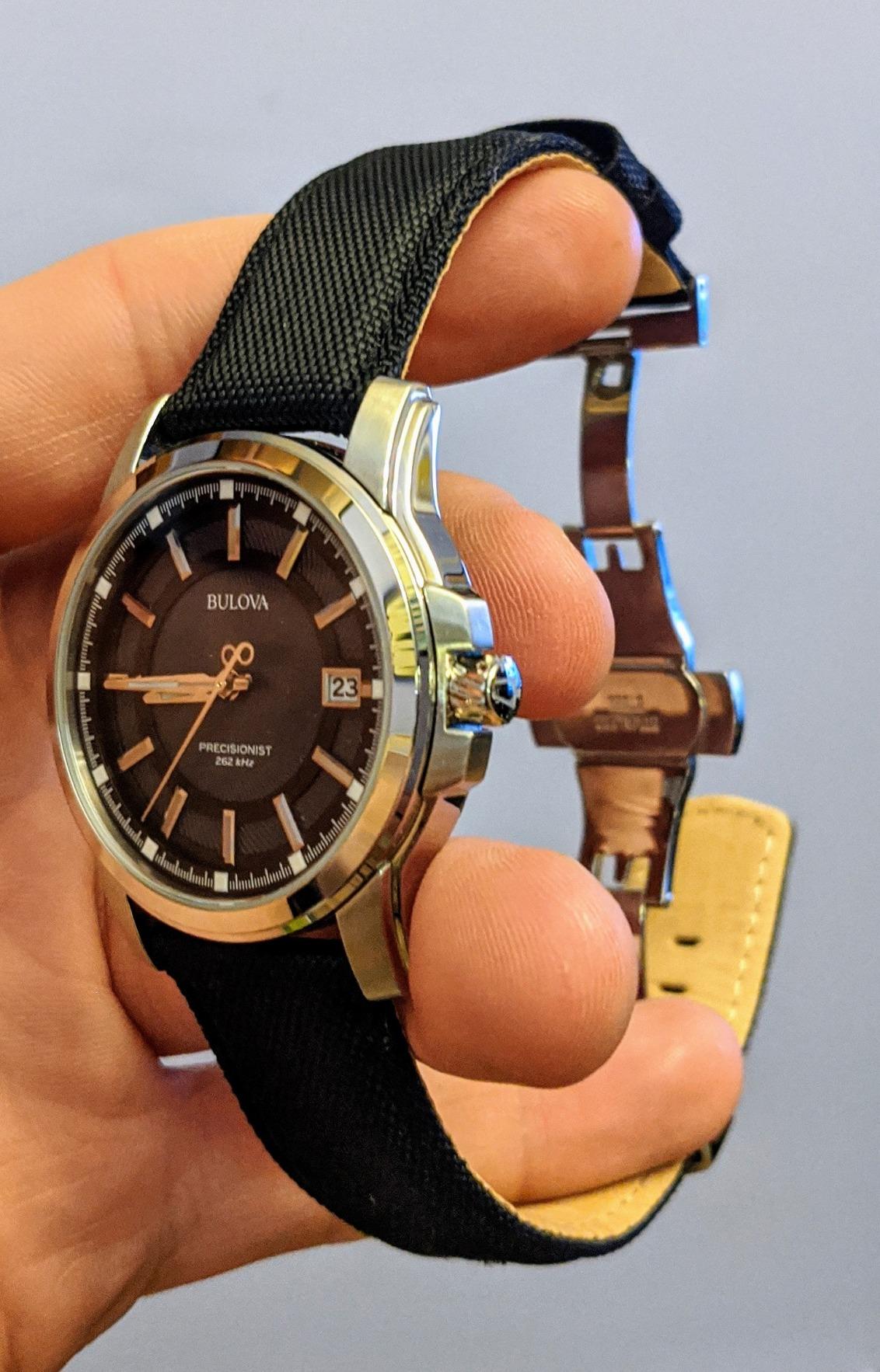 Bulova Men's Precisionist 3-Hand Calendar in Stainless Steel with Black Leather Strap and Black Patterned Dial Style: 96B158 customer photo 1