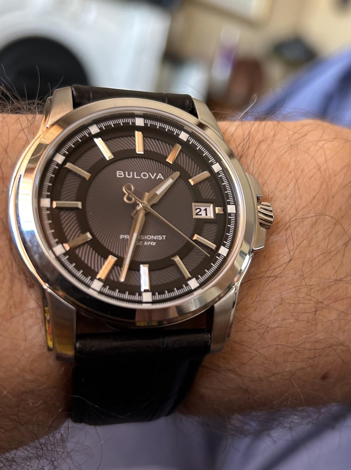 Bulova Men's Precisionist 3-Hand Calendar in Stainless Steel with Black Leather Strap and Black Patterned Dial Style: 96B158 customer photo 2