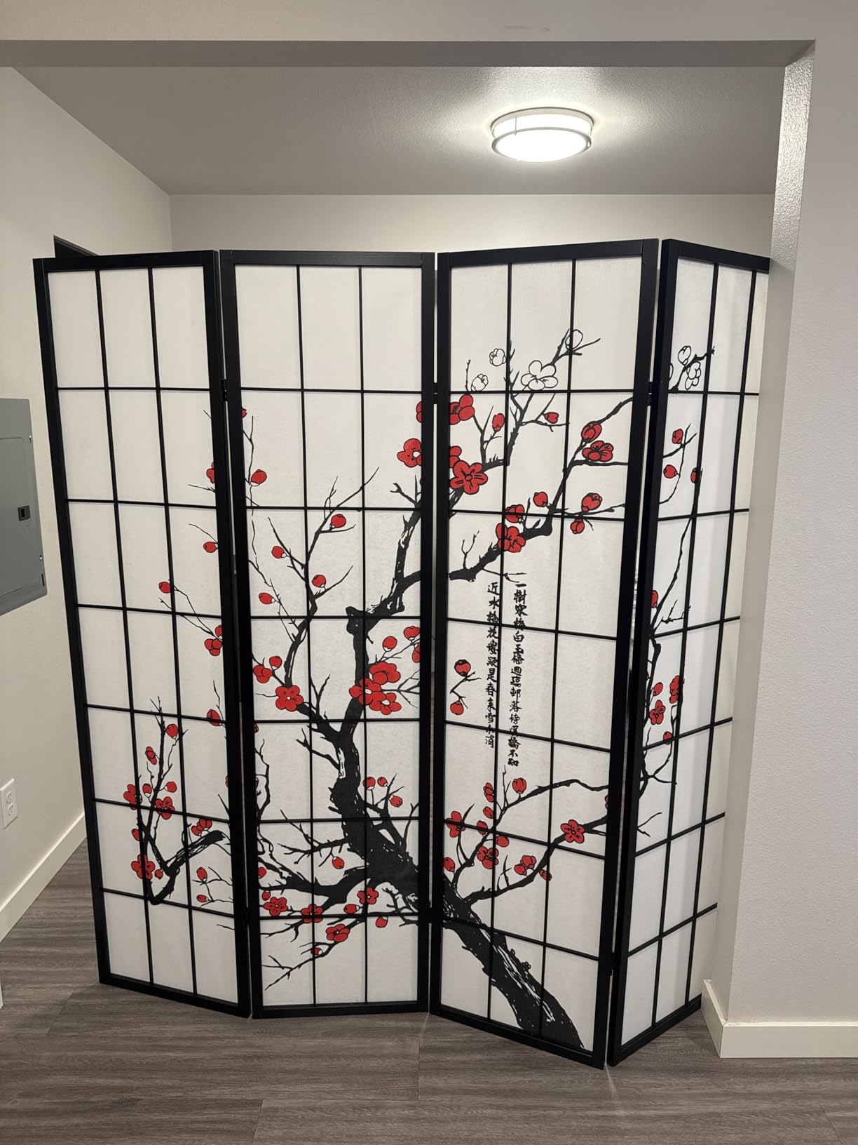 Roundhill Furniture Black Japanese 4-Panel Screen Room Divider, Plum Blossom customer photo 1