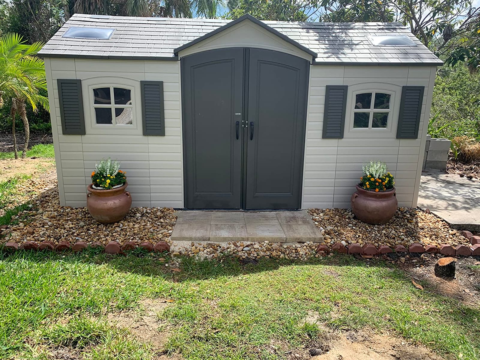 Lifetime 15×8 Ft Dual‑Entry Outdoor Storage Shed, Steel‑Reinforced, UV‑Protected, Weather‑Resistant Backyard Garden Shed with Skylights, Windows & Shelving, Desert Sand customer photo 2