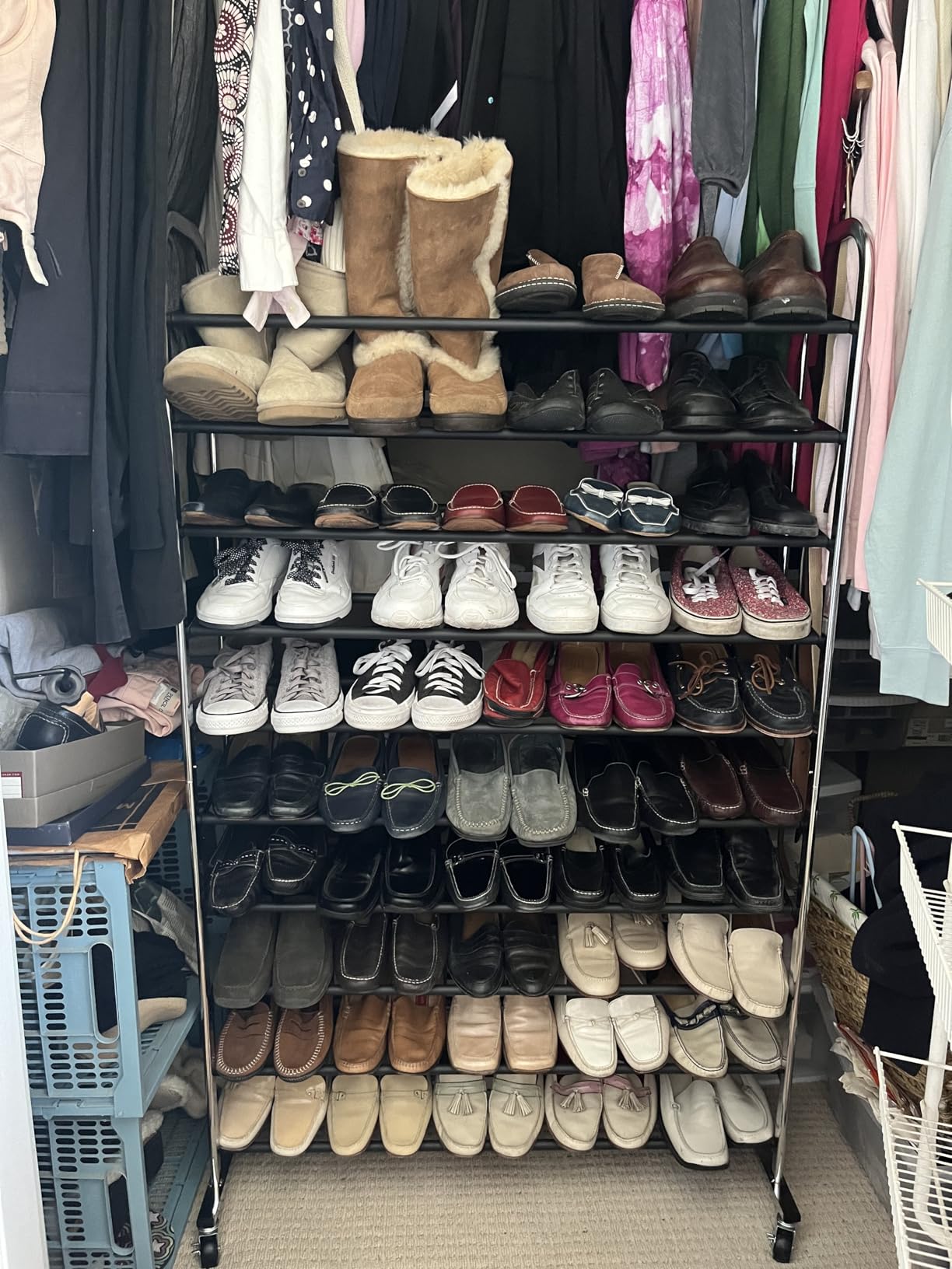 Amazon Basics 50-Pair Shoe Rack Organizer, Portable Rolling with Locking Wheels, Free Standing, 35.8 x 14.6 x 59.5 inches, Chrome customer photo 1