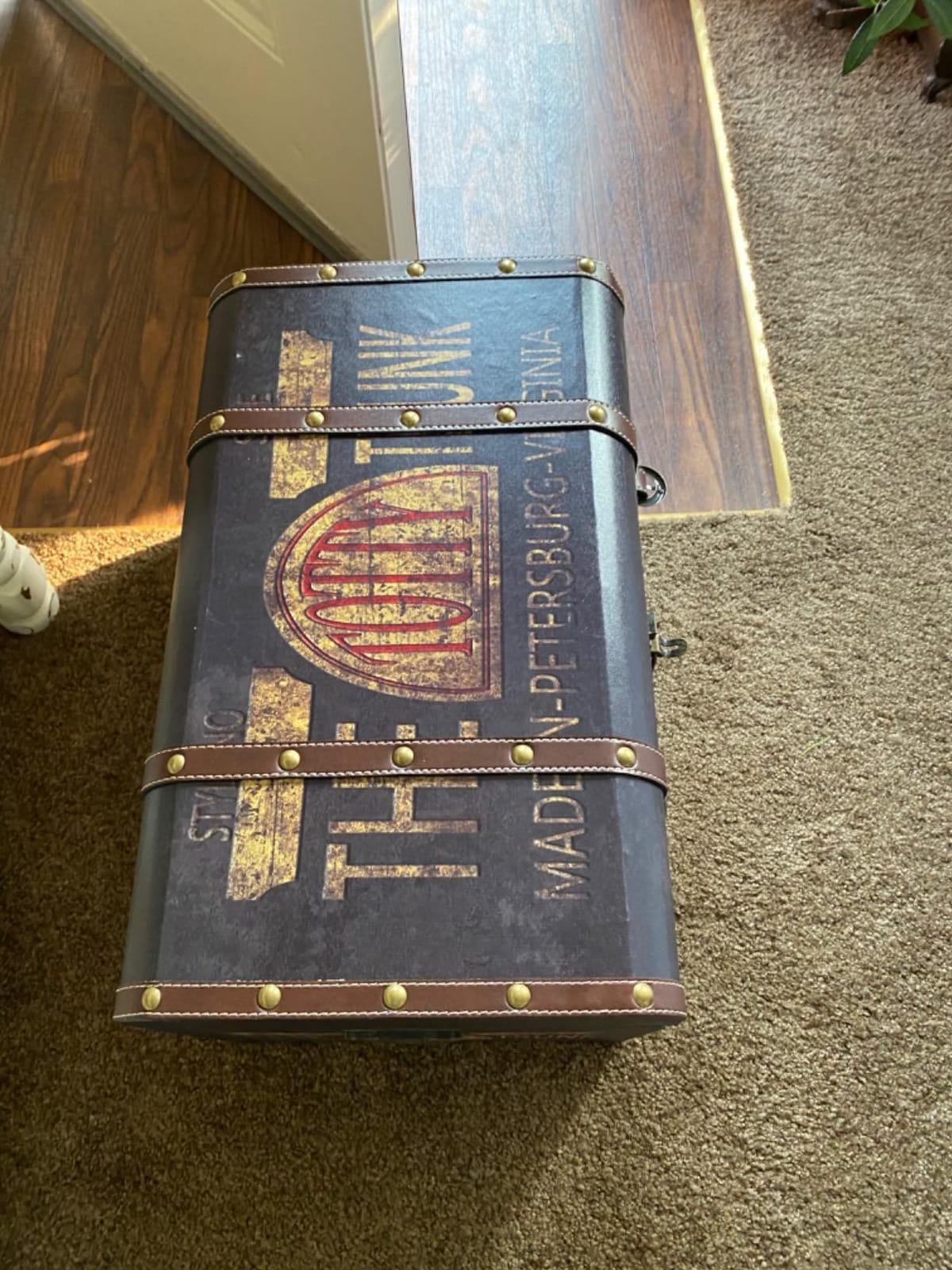 Household Essentials Large Decorative Storage Trunk with Vintage Decoupage, Leather and Metal Accents, Green and Black Finish customer photo 2