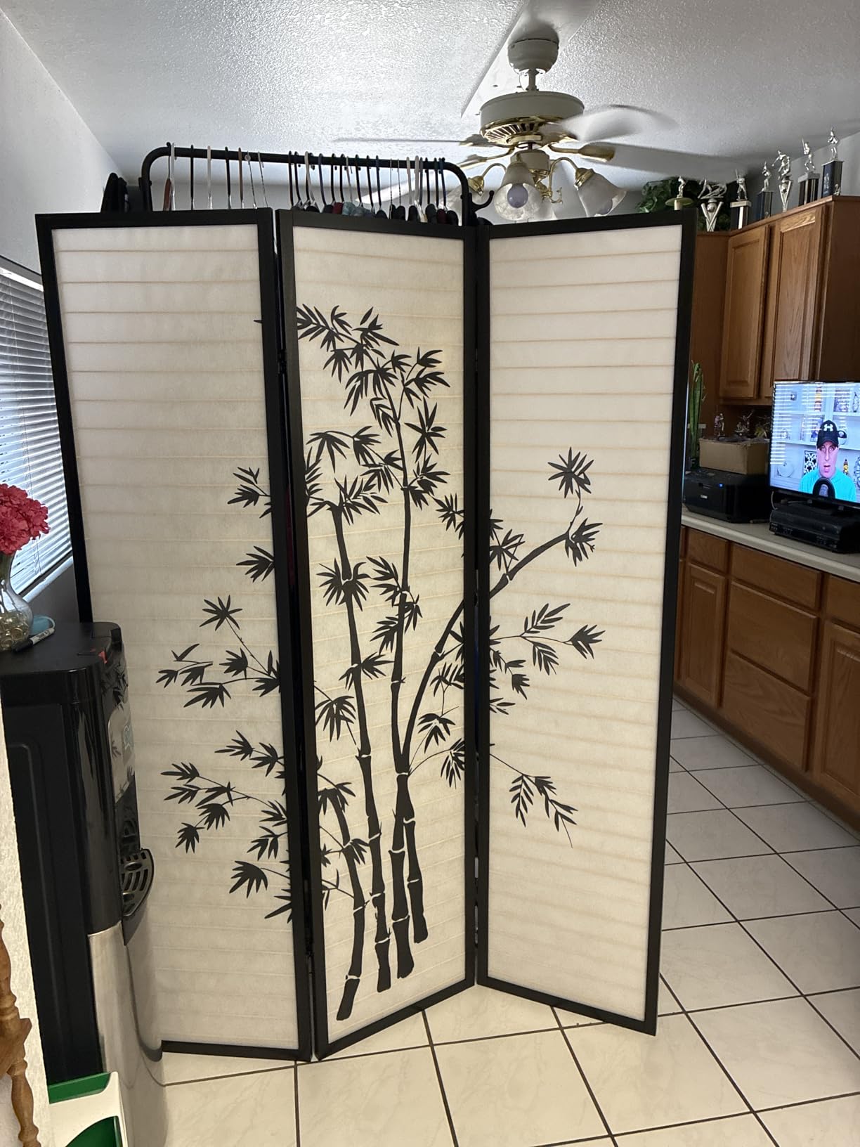 Roundhill Bamboo Print 4-Panel Framed Room Screen/Divider, black customer photo 1