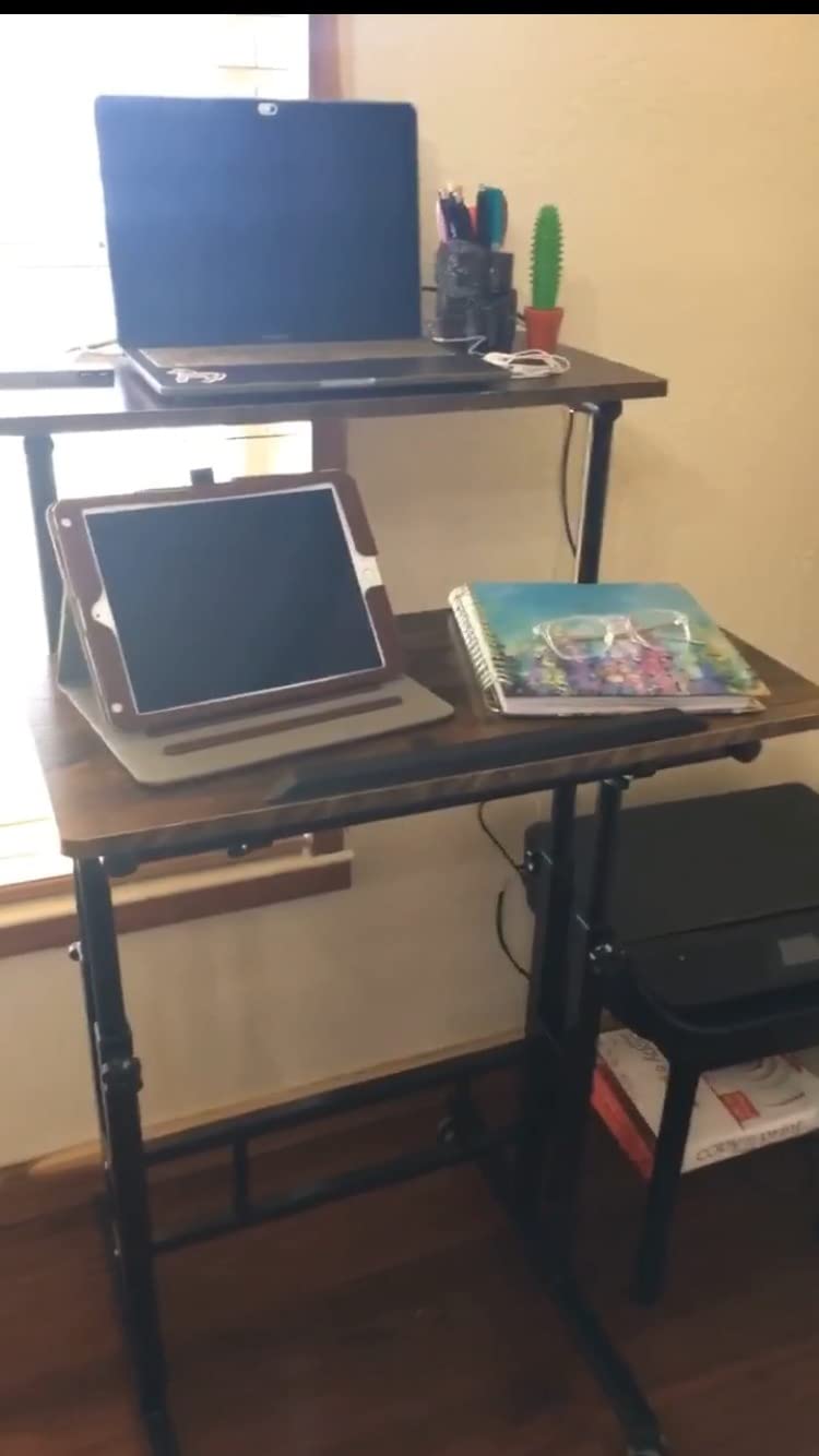 SIDUCAL Small Standing Desk, Portable Stand Up Desk, Height Adjustable Mobile Standing Table Converter with Wheels Computer Workstations, Rolling Laptop Cart for Stand or Sit, Vintage Oak customer photo 1