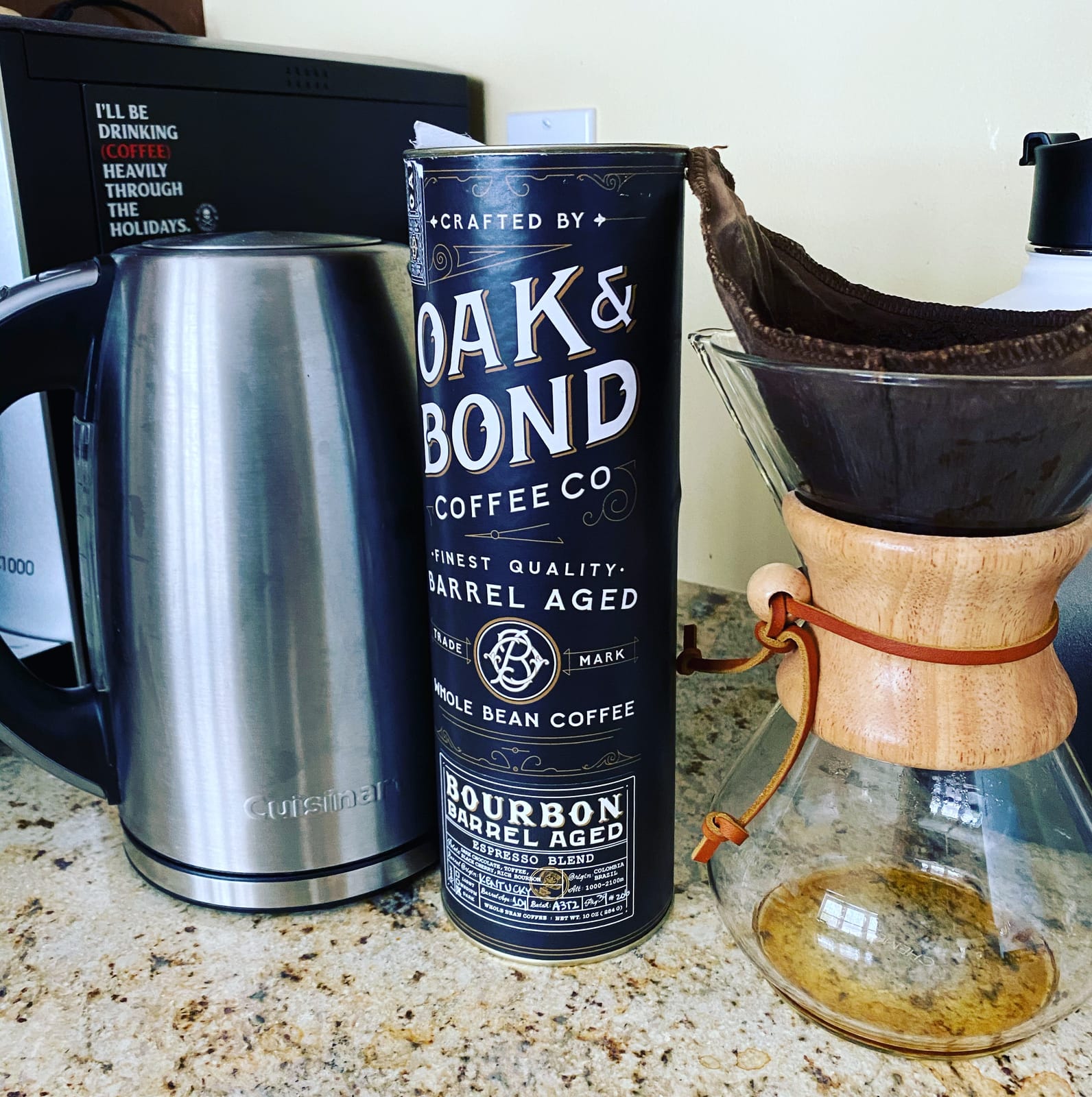 Espresso Bourbon Barrel Aged Coffee, Colombia & Brazil Blend, Whole Bean Arabica, Dark Roast w/Chocolate, Black Cherry, Toffee, Rich Kentucky Bourbon & Oak Flavors by Oak & Bond Coffee Co. - 10oz. customer photo 1