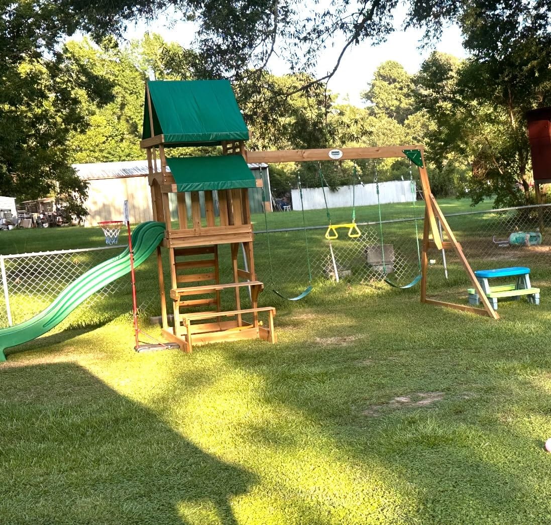 Backyard Discovery Belmont Cedar Wood Swing Set with Wave Slide, Play Deck, Rock Wall Ladder, Snack Bar Window, Shaded Picnic Area, Bench, Belt Swings, Trapeze, Sandbox Area, Canopy, Outdoor Playset customer photo 2
