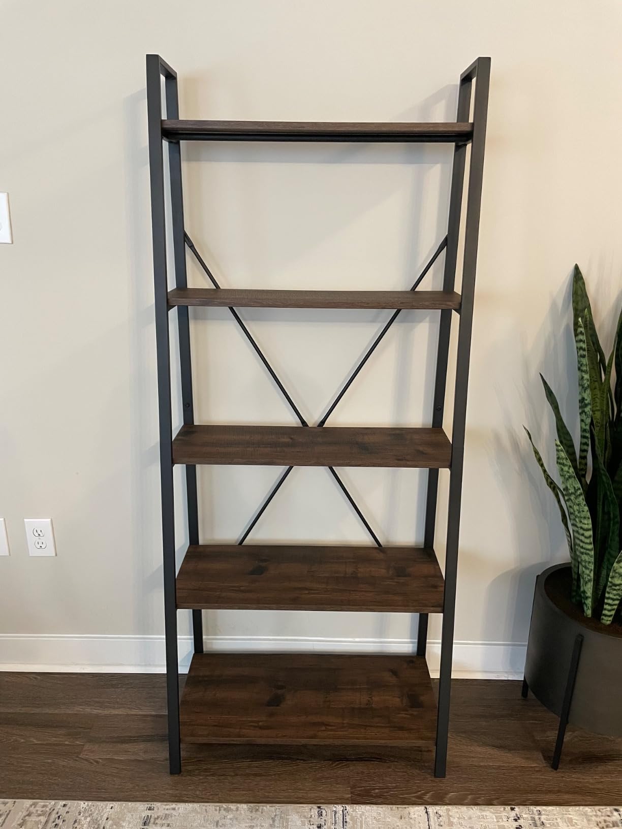 BON AUGURE 5-Tier Ladder Shelf, Industrial Leaning Bookcase, Wood and Metal Ladder Bookshelf for Living Room, Bedroom, Kitchen, Home Office (Grey Oak) customer photo 1