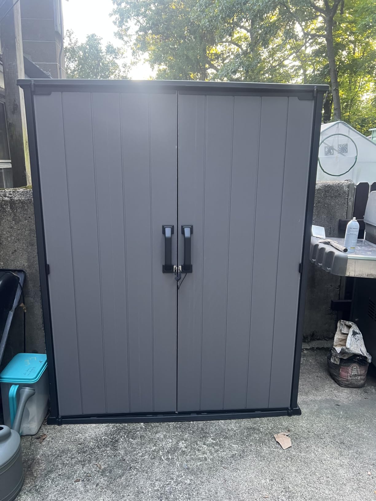 Keter Premier Tall 4.6x5.6 ft Resin Outdoor Storage Shed, Backyard Garden Shed with Shelving Brackets for Tools, Patio Furniture, Pool & Bike Storage, Grey & Black, 62 cu. ft Capacity customer photo 1