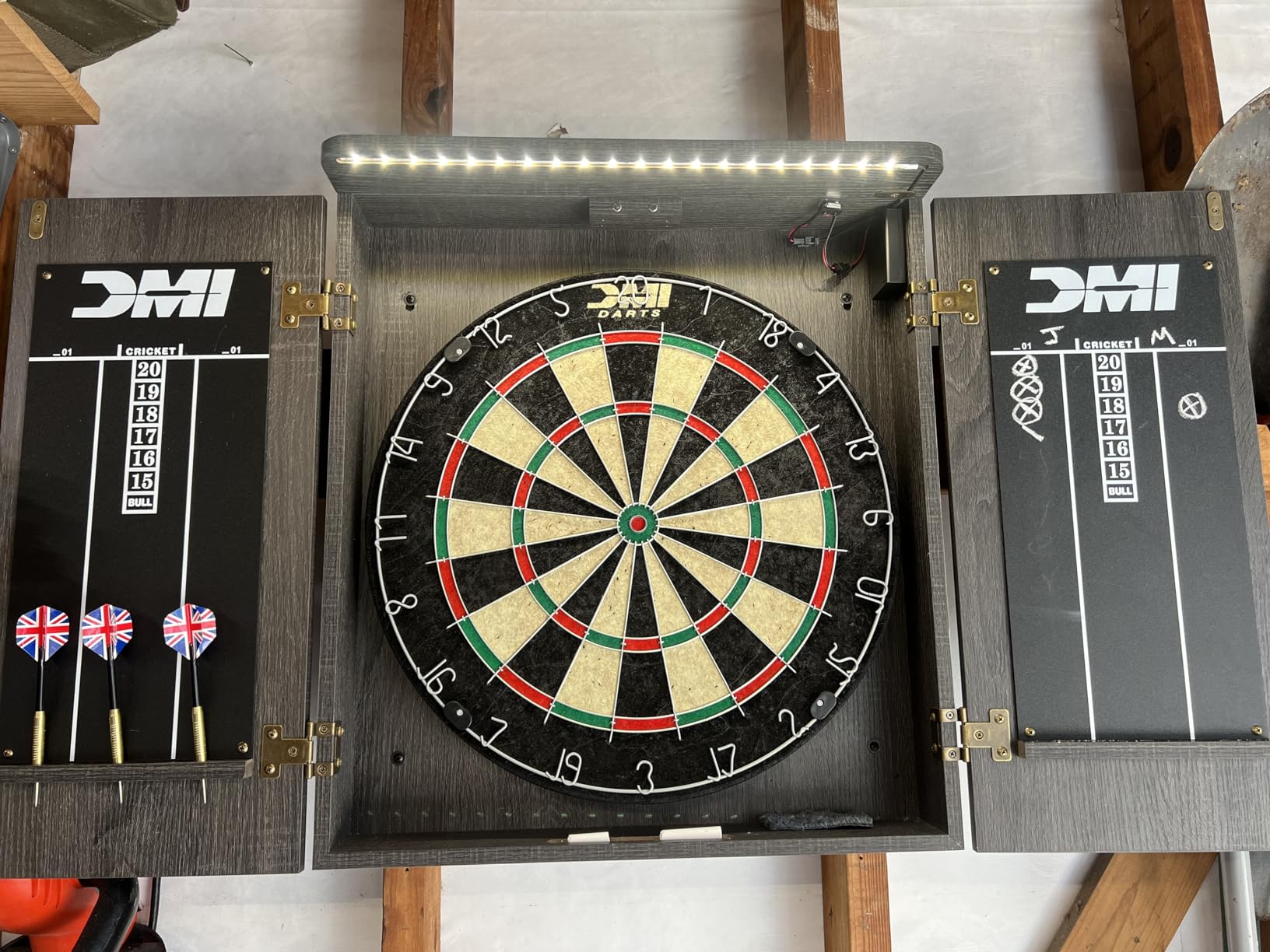 DMI Sports Paris Bristle Dartboard Cabinet Sets - Includes LED Lighting or Electronic Scoring Option, Rustic Grey (D4400W) customer photo 2