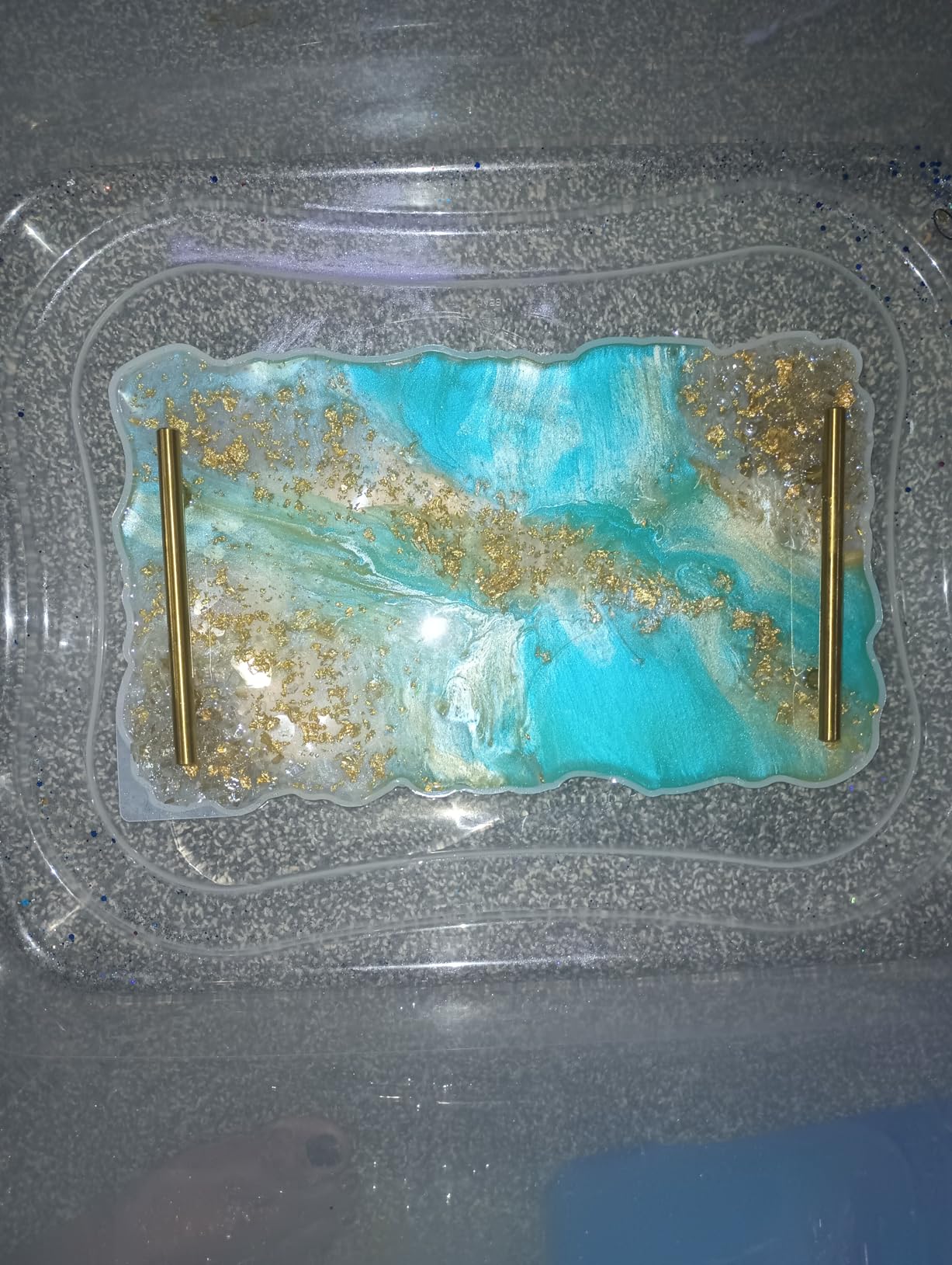 RESINWORLD Set of 2 Size 14‘‘ & 12'' XL Large Serving Tray Silicone Molds Epoxy Resin Geode Tray Mold with Gold & Silver Handles (Rectangle) customer photo 1
