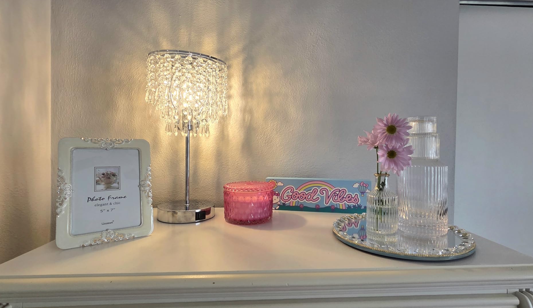 USB Bedside Crystal Lamp, 3 Way Dimmable Touch Nightstand Lamp with USB C+A Charging Ports, Lavender Table Lamps Decorative Accent Lamps Silver for Bedroom, Living Room, Office, B11 LED Bulb Included customer photo 1