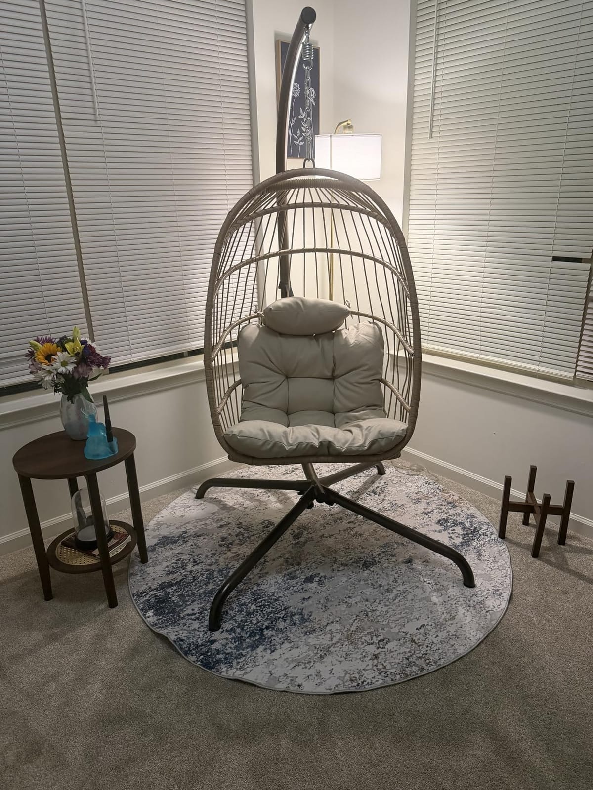 NICESOUL Comfy Indoor Outdoor Egg Chair, Patio Wicker Egg Shaped Swing Chair with Stand, Hanging Basket Seating with Cushion, 350lbs Heavy Duty Gift Hammock Chairs for Balcony Backyard Bedroom, Gray customer photo 1