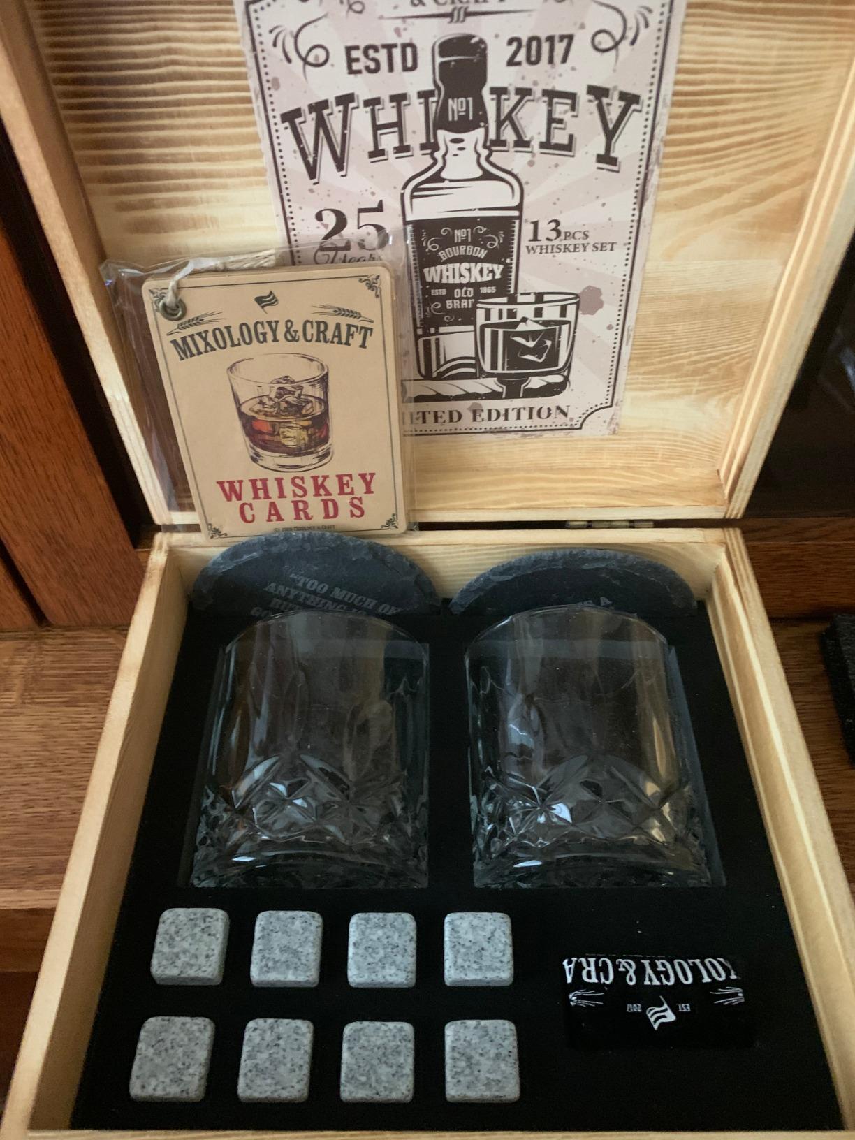 Mixology & Craft Whiskey Stones Gift Set: with Two 10oz Lead-Free Crystal Whiskey Glasses, 8 Whiskey Stones with Velvet Bag, 2 Slate Coasters & Recipe Cards in Wooden Crate | Great customer photo 1