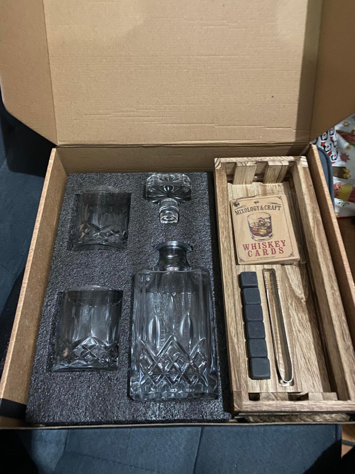 Mixology & Craft Crystal Whiskey Decanter Set 24oz With Glasses & Chilling Stones – Features Stainless Steel Whiskey Balls, Slate Coasters, Metal Tongs & Recipe Cards – Ideal Gift for Fathers customer photo 1