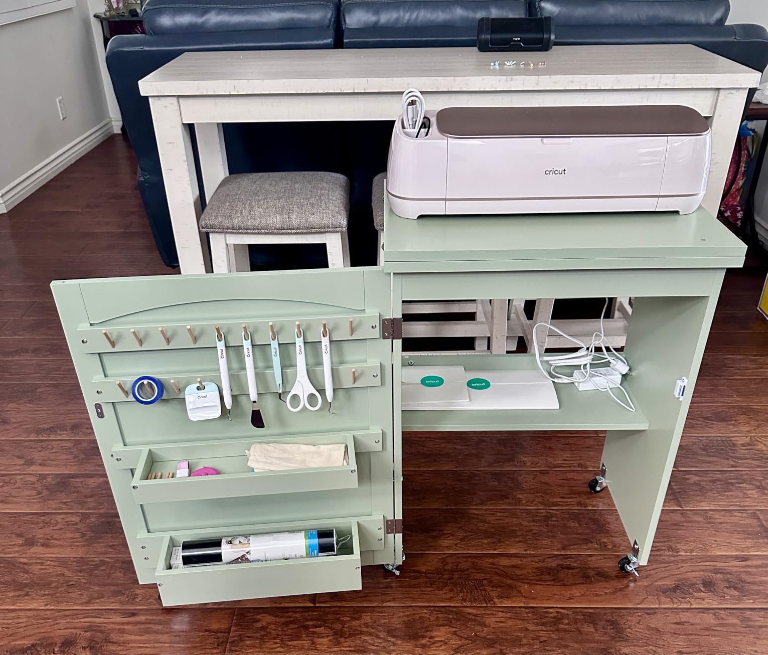 Best Choice Products Folding Sewing Table Multipurpose Craft Station & Side Desk with Compact Design, Wheels, Shelves, Storage Trays, Pegs, Magnetic Doors, Metal Doorknobs - White customer photo 2