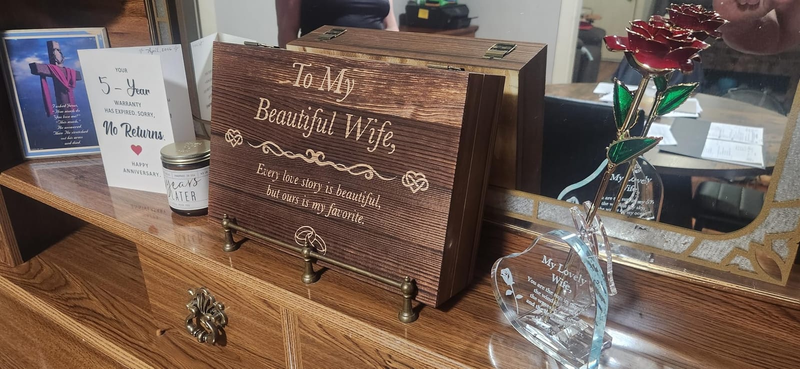 GreenCor Anniversary for Wife Engraved Wooden Gift Set 'To My Beautiful Wife' Includes Crystal Engraved Heart 24K Gold Dipped Rose for Birthday Gifts customer photo 1