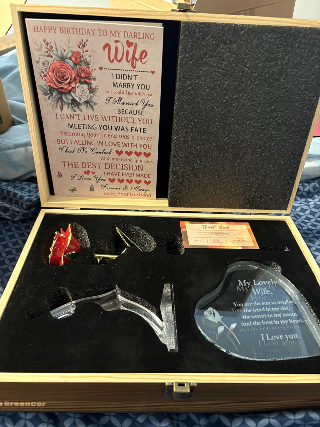 GreenCor Anniversary for Wife Engraved Wooden Gift Set 'To My Beautiful Wife' Includes Crystal Engraved Heart 24K Gold Dipped Rose for Birthday Gifts customer photo 2