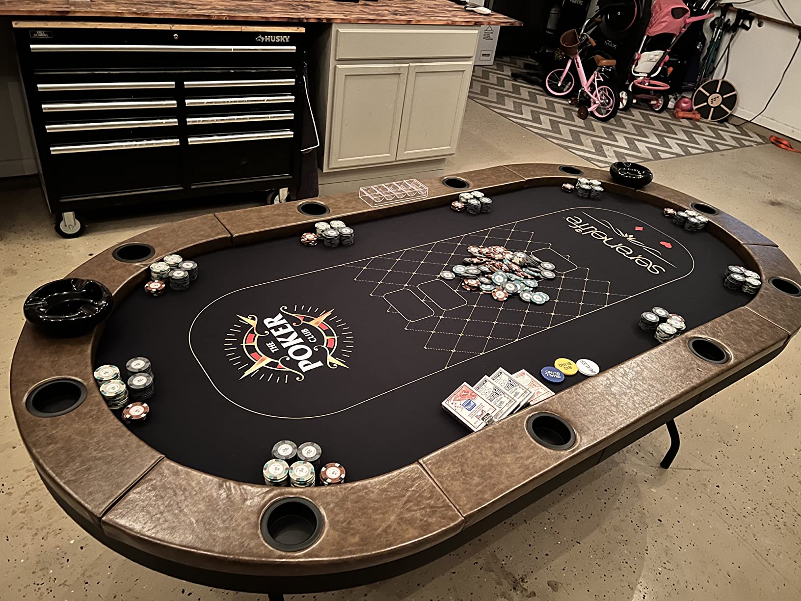 SereneLife 7ft Poker Table for 10 Players - Heavy Duty Oval Texas Hold'em Casino Table for Game Room, 25mm Reinforced Metal Legs, Durable Black PVC Rail, 10 Deep Cup Holders & Professional Layout customer photo 1