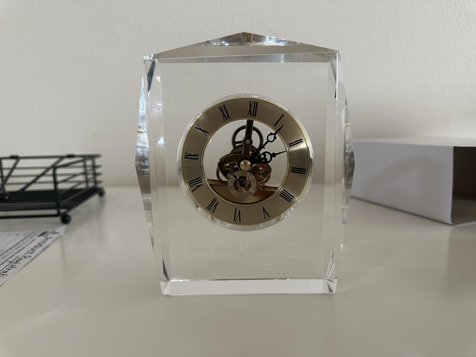 Baudville Rectangle Custom Logo Crystal Award Clock, Personalized Executive Desk Clock Trophy with Silver Skeleton Timepiece, Employee Award for Leadership, Corporate Achievement, Gift Box Included customer photo 1