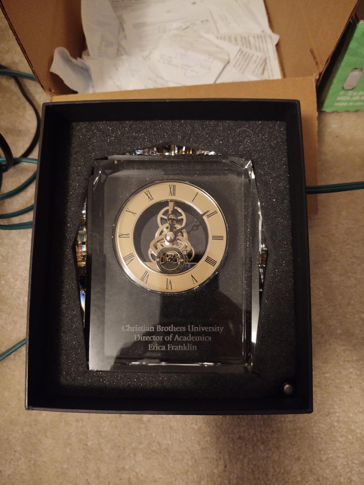 Baudville Rectangle Custom Logo Crystal Award Clock, Personalized Executive Desk Clock Trophy with Silver Skeleton Timepiece, Employee Award for Leadership, Corporate Achievement, Gift Box Included customer photo 2