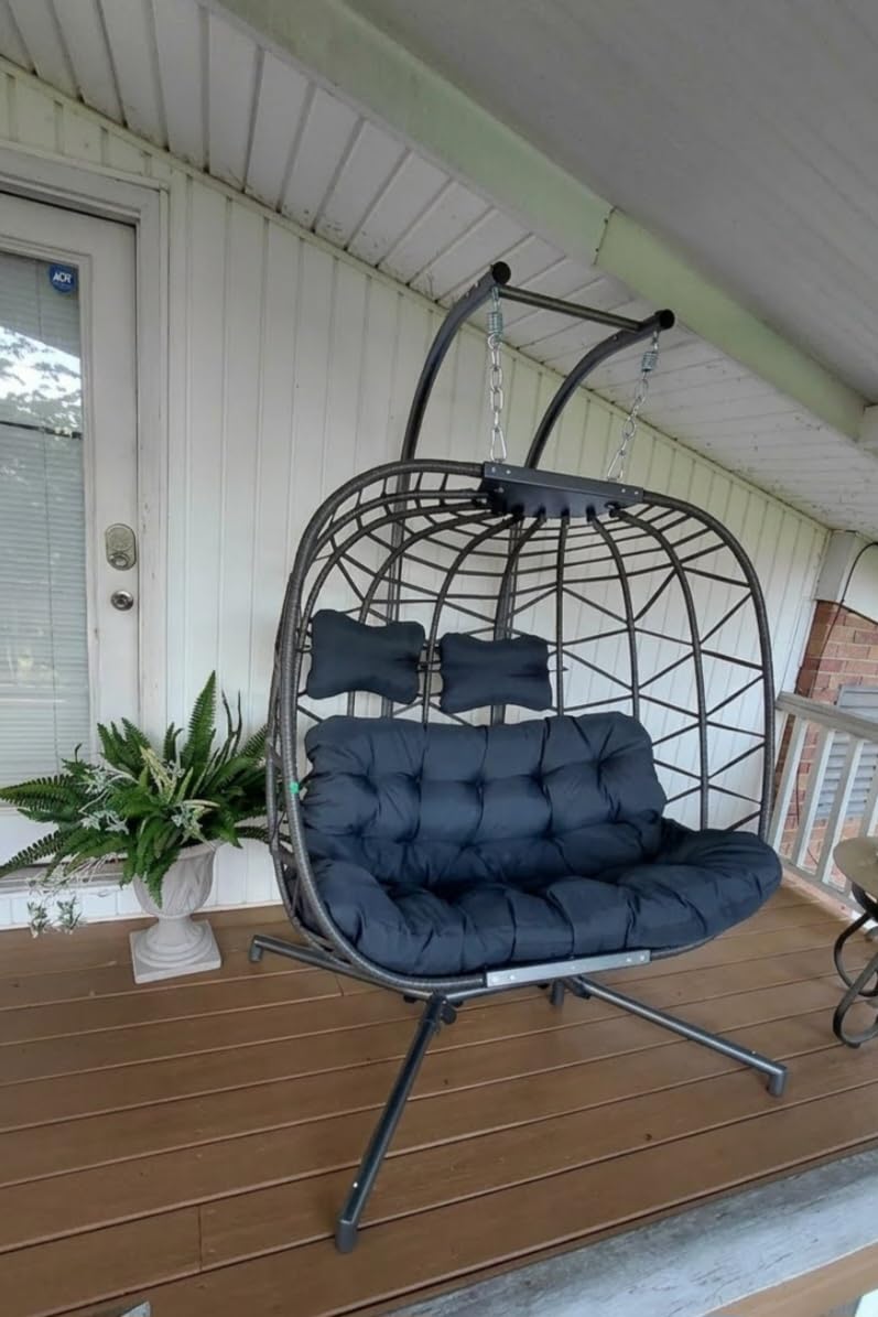 NICESOUL Cozy Hanging Egg Chair with Stand Indoor Outdoor, Wicker Patio Basket Swing Chair with Cushion and Golden Legs, 350lbs Durable Sturdy Egg Hammock Chairs for Deck Balcony Backyard Porch, Cream customer photo 1