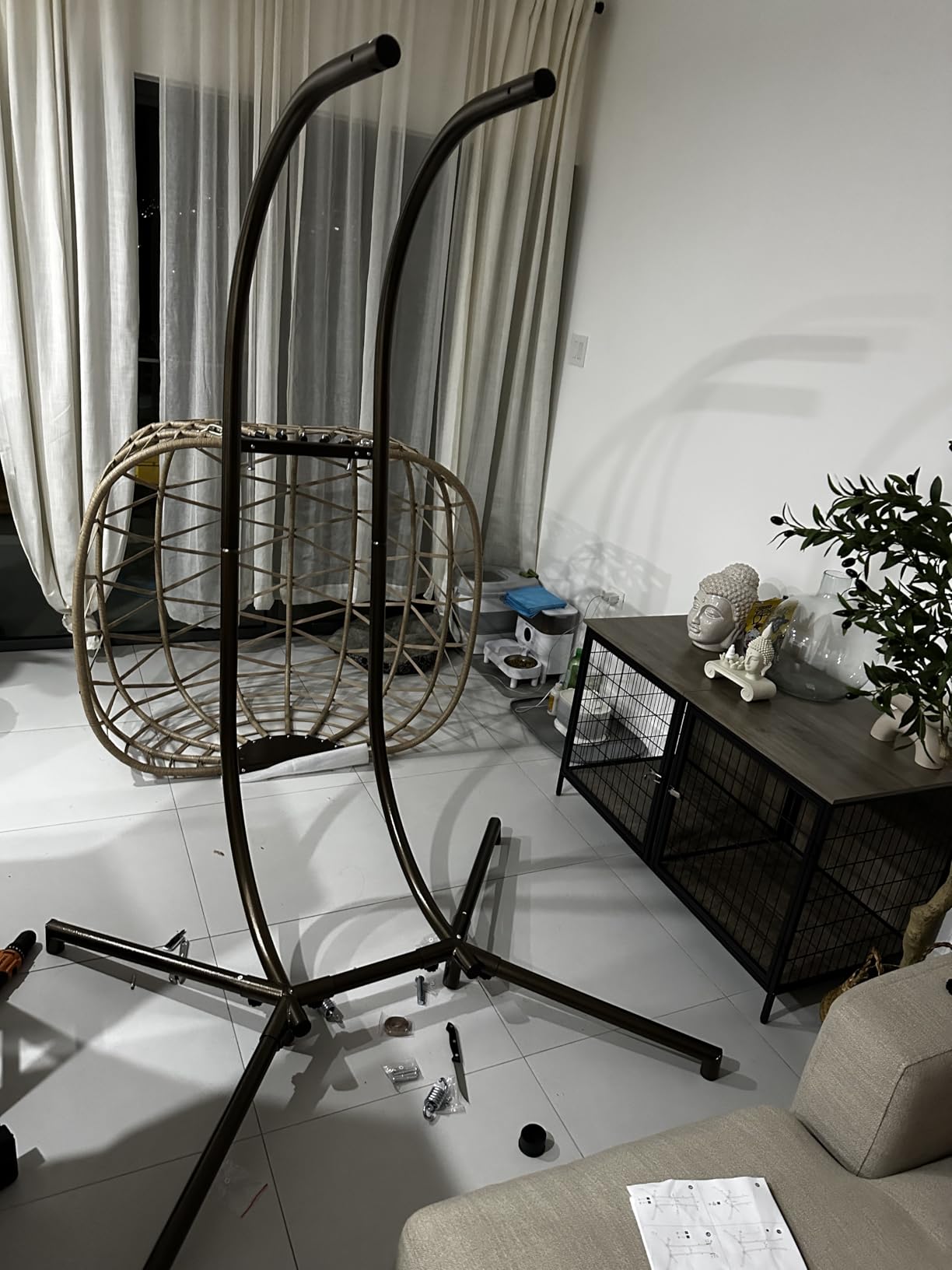 NICESOUL Cozy Hanging Egg Chair with Stand Indoor Outdoor, Wicker Patio Basket Swing Chair with Cushion and Golden Legs, 350lbs Durable Sturdy Egg Hammock Chairs for Deck Balcony Backyard Porch, Cream customer photo 2