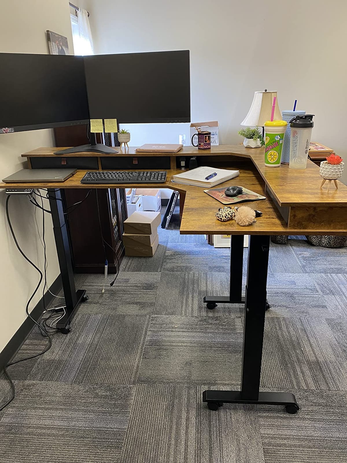 FEZIBO L Shaped Standing Desk with Drawers, Exclusive Upgraded 3 Motors Support 330LBS, Electric Height Adjustable L Standing Desk with Large Monitor Stand, Rustic Brown customer photo 1