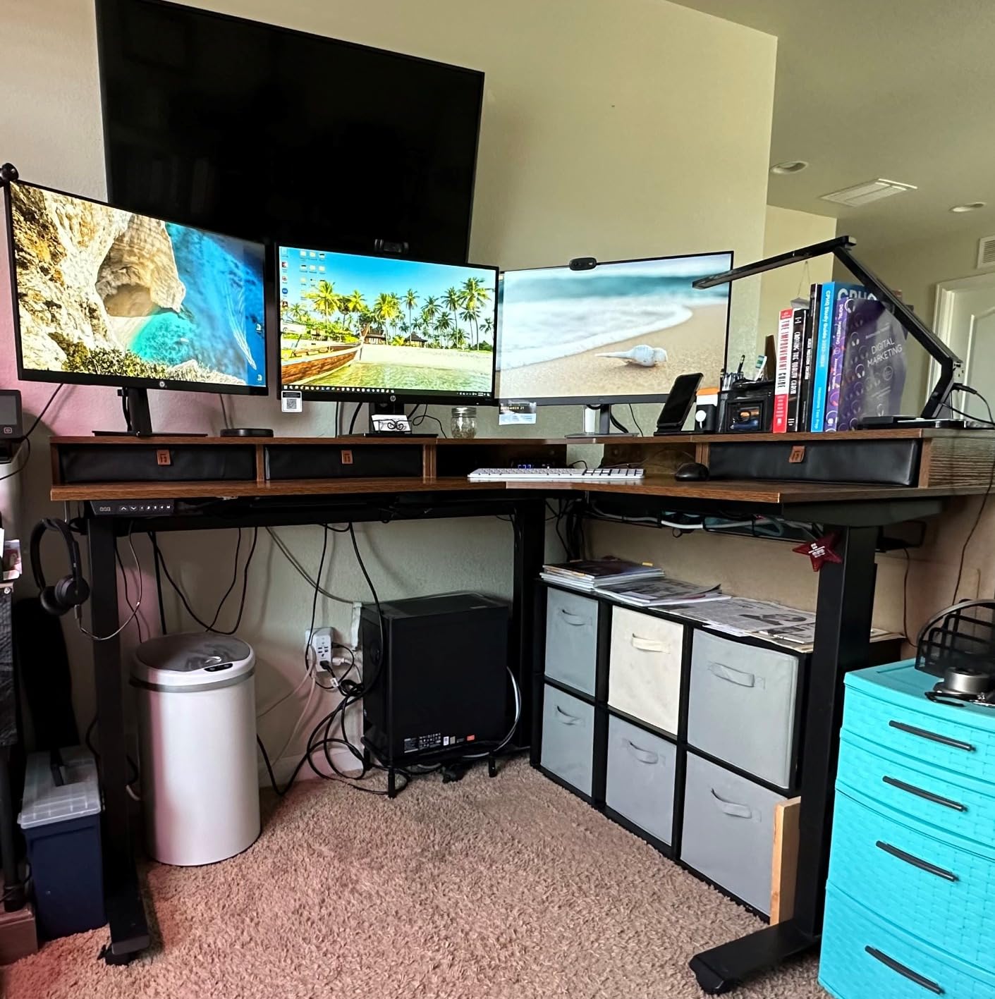 FEZIBO L Shaped Standing Desk with Drawers, Exclusive Upgraded 3 Motors Support 330LBS, Electric Height Adjustable L Standing Desk with Large Monitor Stand, Rustic Brown customer photo 2