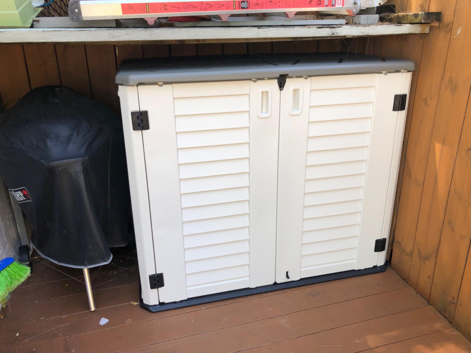 HOMSPARK Storage Shed Weather Resistance, Multi-Purpose Outdoor Storage Cabinet for Backyards and Patios, Horizontal Storage Shed for Lawnmower, Patio Accessories (White 1, Large - 26 cu.ft) customer photo 2
