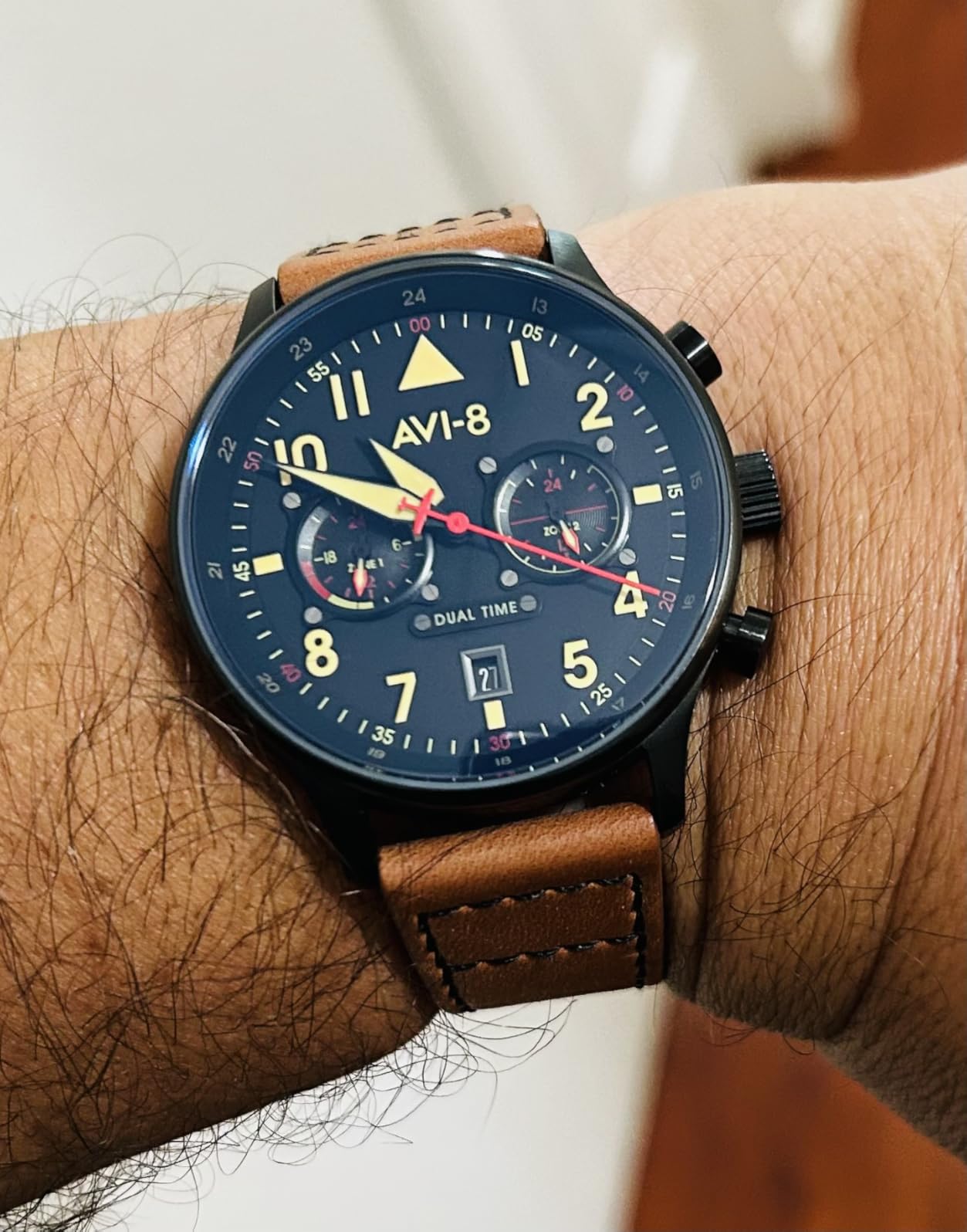 AVI-8 Hawker Hurricane Men's Pilot Watch – Dual Time Japanese Quartz Movement, 43.5mm Stainless Steel Case, Leather or Stainless Steel Strap, AV-4088 customer photo 2