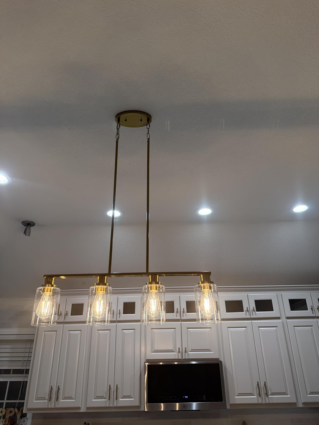 Island Lights for Kitchen, 4-Light Farmhouse Dining Room Light Fixtures Over Table, Matte Black and Gold Linear Chandeliers for Dining Room,Industrial Pendant Lighting with Clear Glass Shade customer photo 2