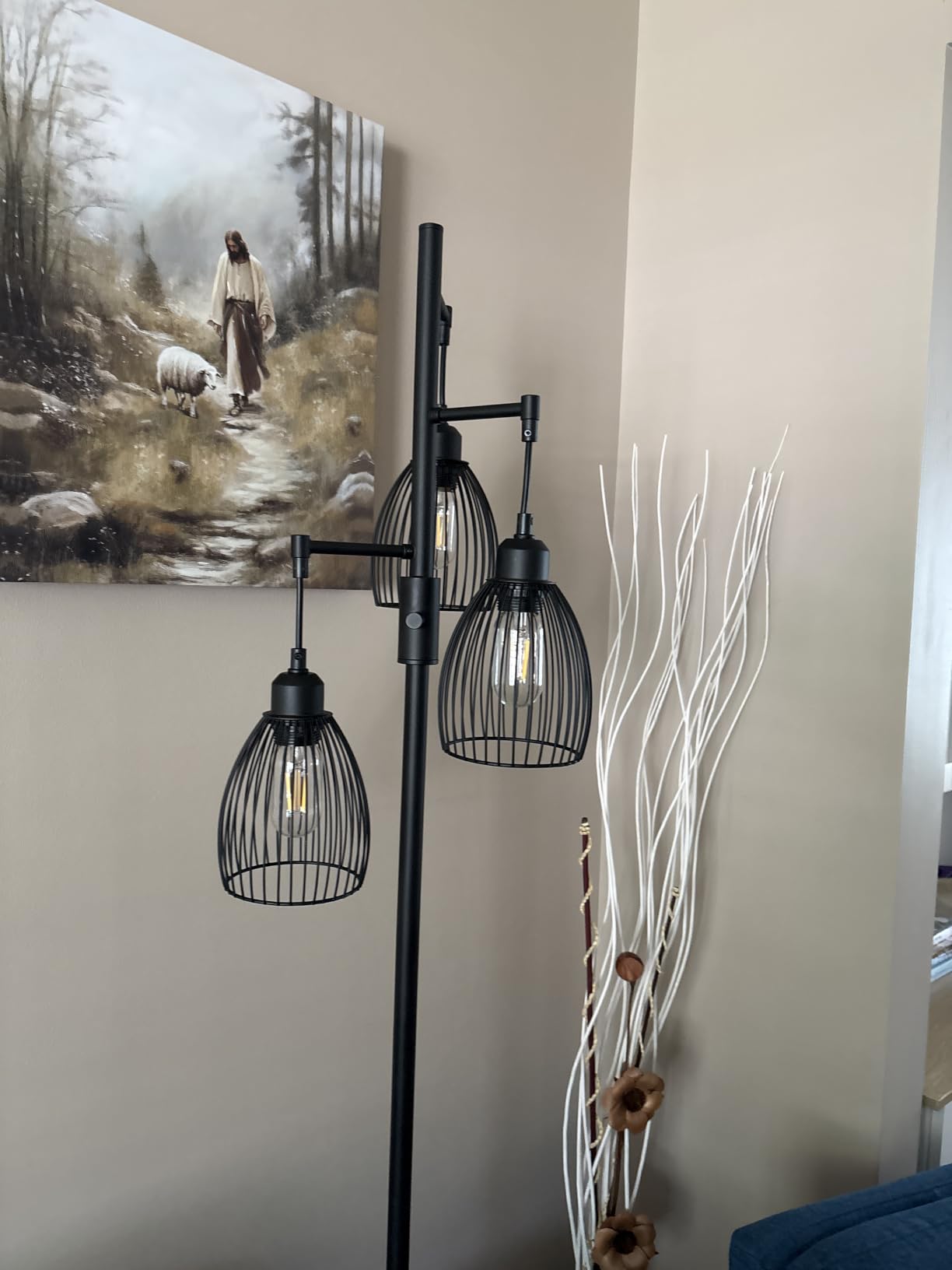 Dimmable Floor Lamp, 3 x 800LM LED Edison Bulbs Included, Farmhouse Industrial Floor Lamp Standing Tree Lamp with Elegant Teardrop Cage Head Tall Lamp for Living Room Bedroom Office Dining Room - Gold customer photo 1