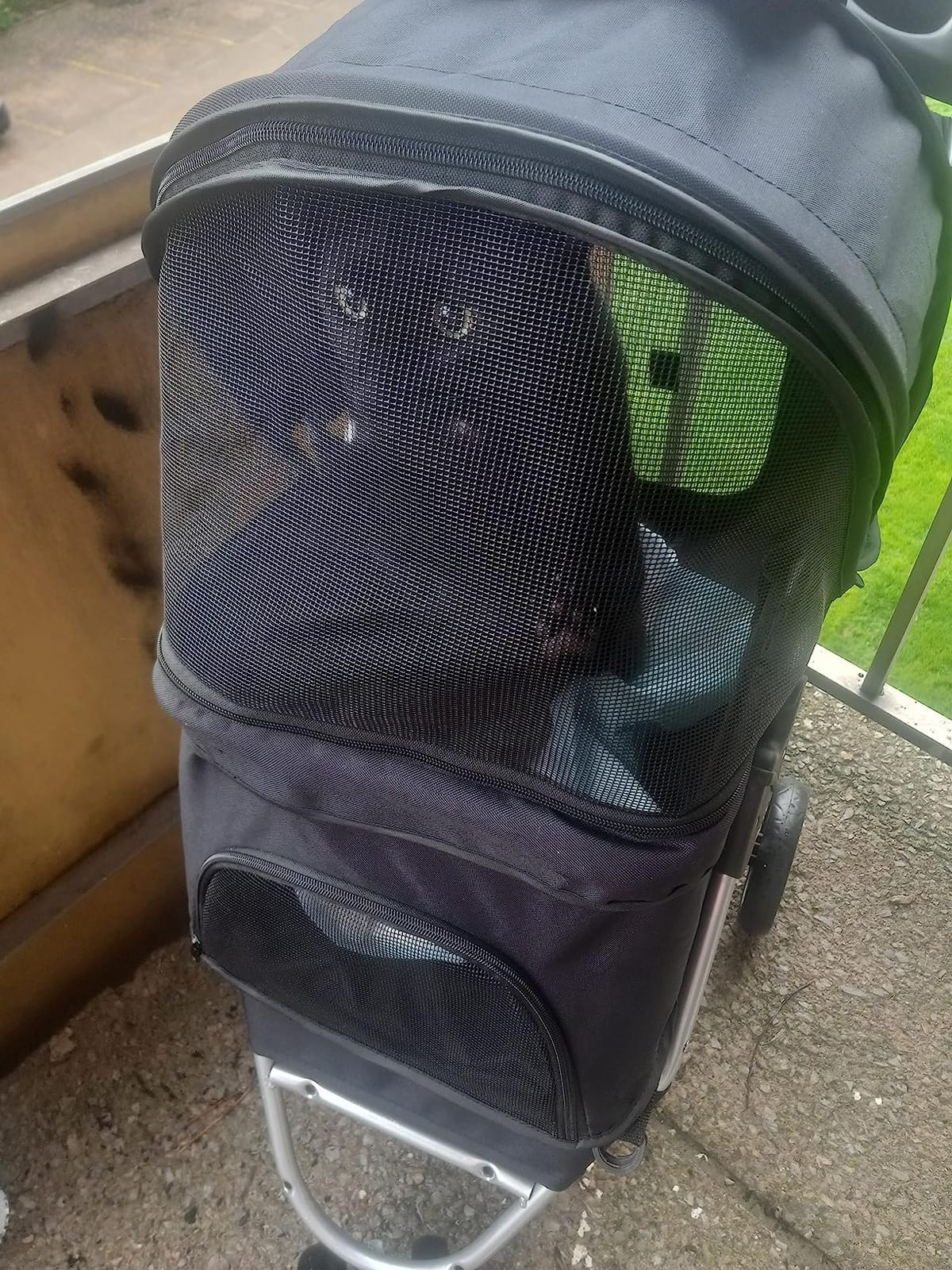 Foldable Pet Stroller for Cats and Dogs 3 Wheels Carrier Strolling Cart with Weather Cover, Storage Basket + Cup Holder (Black) customer photo 2