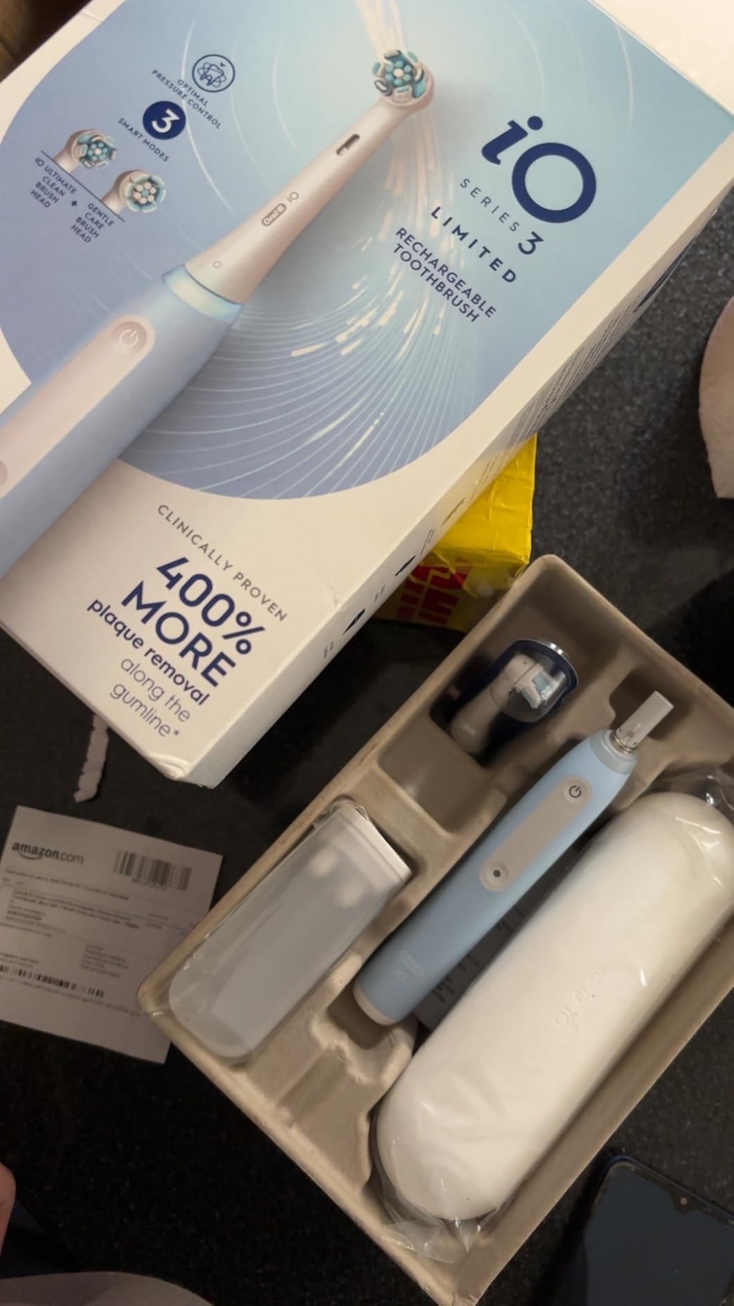 Oral-B Rechargeable Electric Toothbrush, iO3 Limited Deep Clean, 3 Cleaning Modes, Visual Pressure Sensor to Protect Gums, 2 Brush Heads, Travel Case, ICY Blue customer photo 2
