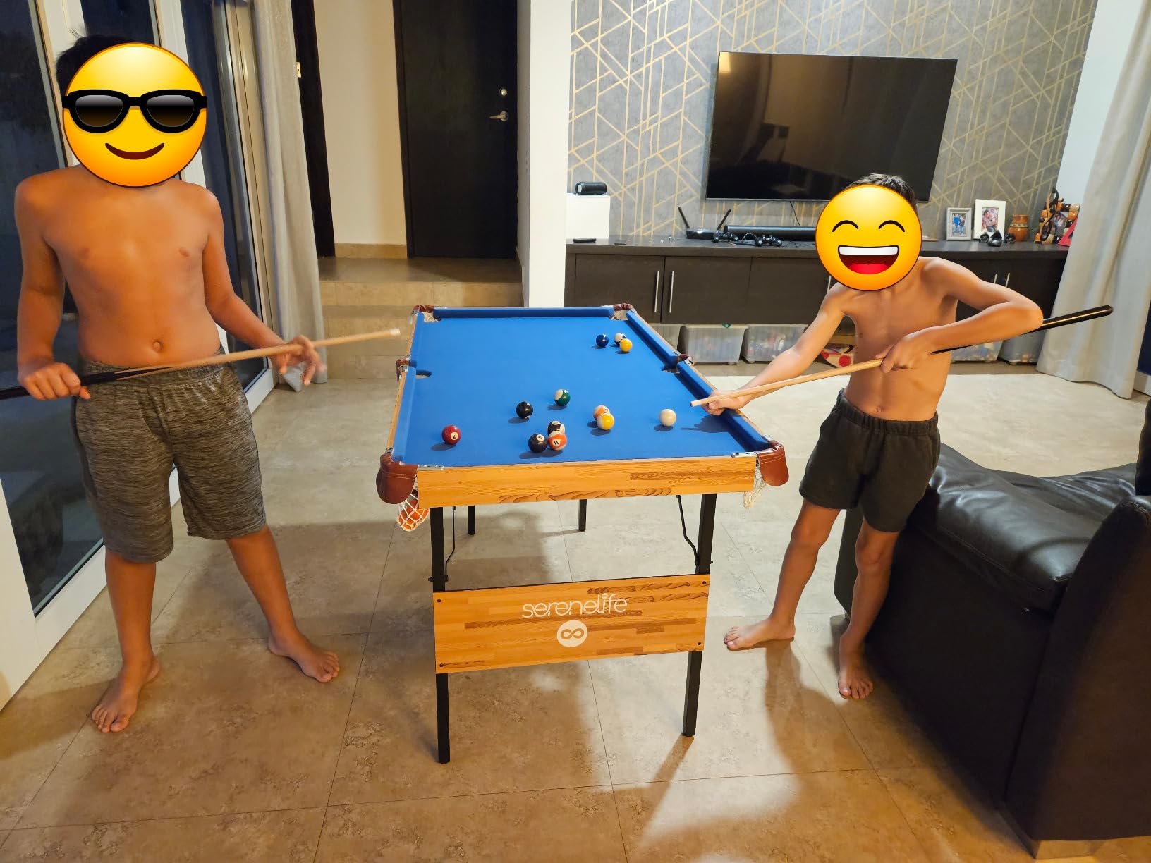 SereneLife 4.5ft Folding Pool Table, 55in Portable Foldable Billiards Game Table for Kids and Adults with Accessories, Indoor and Outdoor Games with Sticks, Cue, Balls and Triangle, Blue customer photo 1