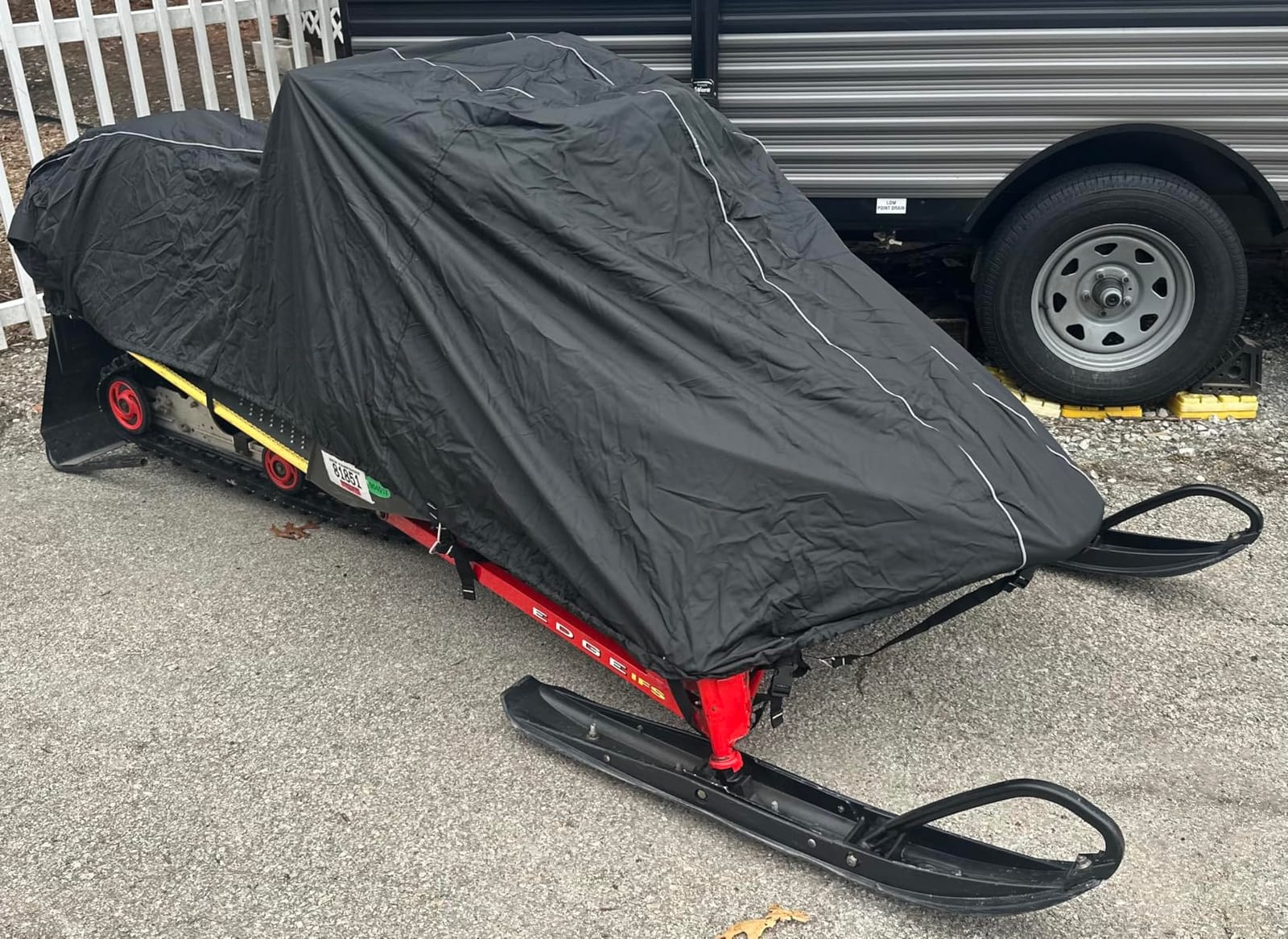 Upgraded Tear and Fade Resistant Trailerable Snowmobile Cover, Heavy-Duty Waterproof and UV Protection with Reflective Strips Red/Black Fits Up to 145