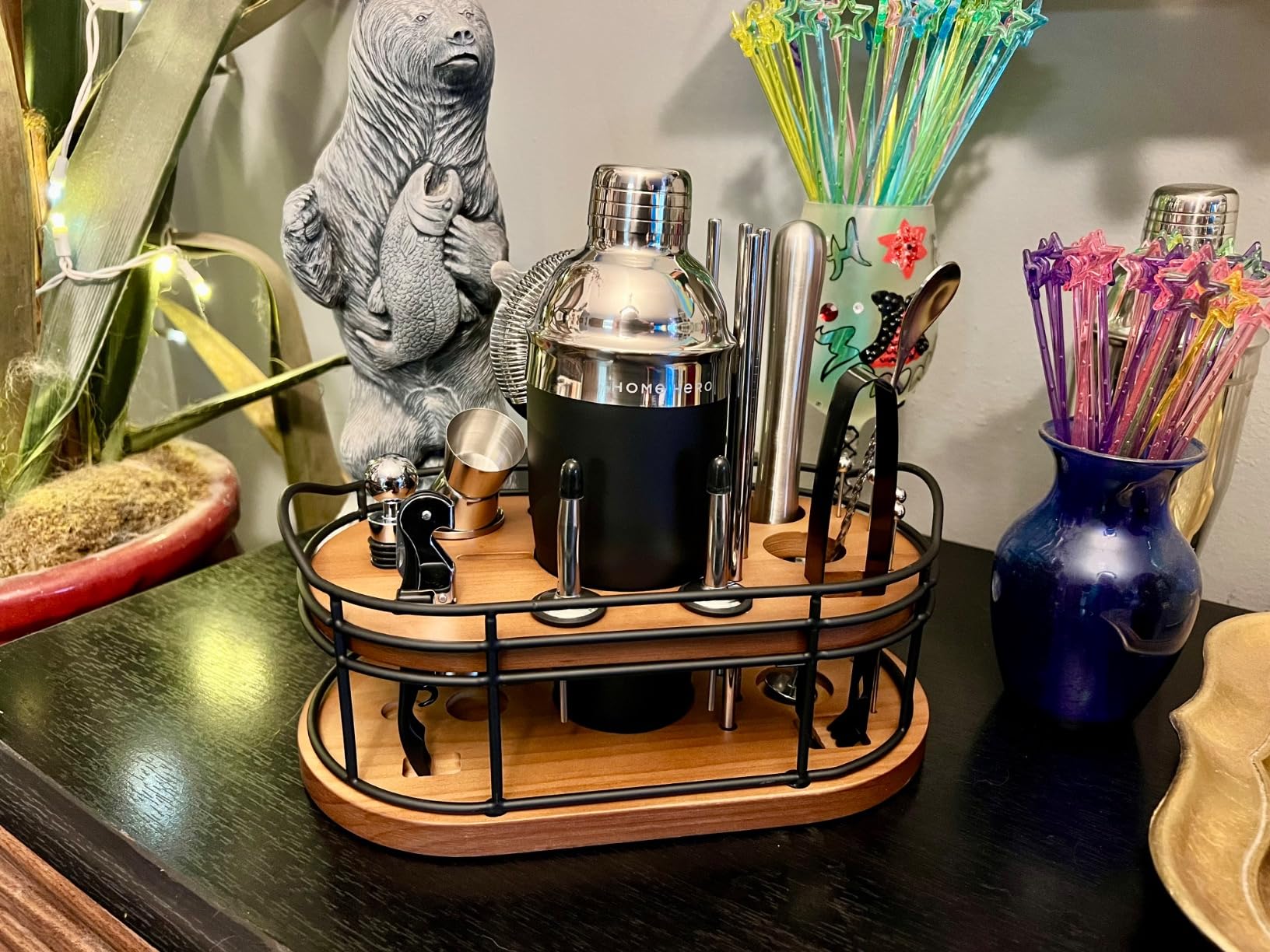Home Hero Bartender Kit - 22-Piece Cocktail Shaker & Bar Tool Set - Wooden Stand Display & Bar Cart Accessories - Recipe Book & Housewarming Gifts - 22-Pc, Silver customer photo 2