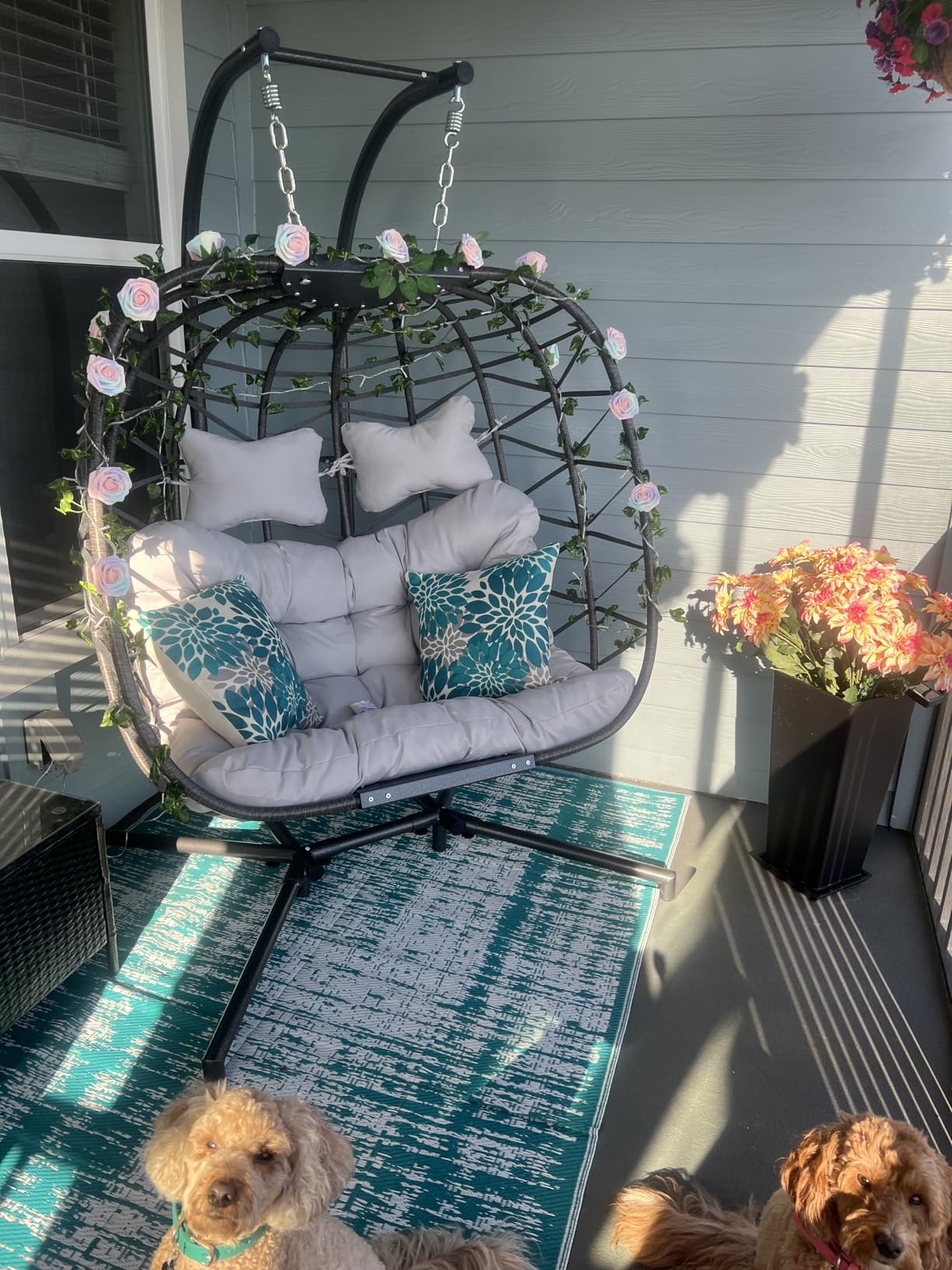 NICESOUL Double Swing Egg Chair with Stand, Extra Large 2 Person Indoor Outdoor Wicker Loveseat, Oversized Patio Hanging Basket Chair with Cushions, Cozy Sturdy Porch Swing for Backyard Balcony, Beige customer photo 1