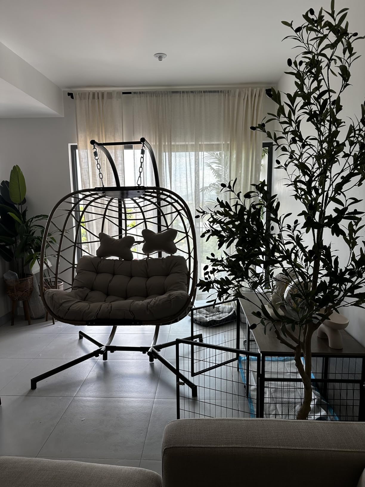 NICESOUL Double Swing Egg Chair with Stand, Extra Large 2 Person Indoor Outdoor Wicker Loveseat, Oversized Patio Hanging Basket Chair with Cushions, Cozy Sturdy Porch Swing for Backyard Balcony, Beige customer photo 2