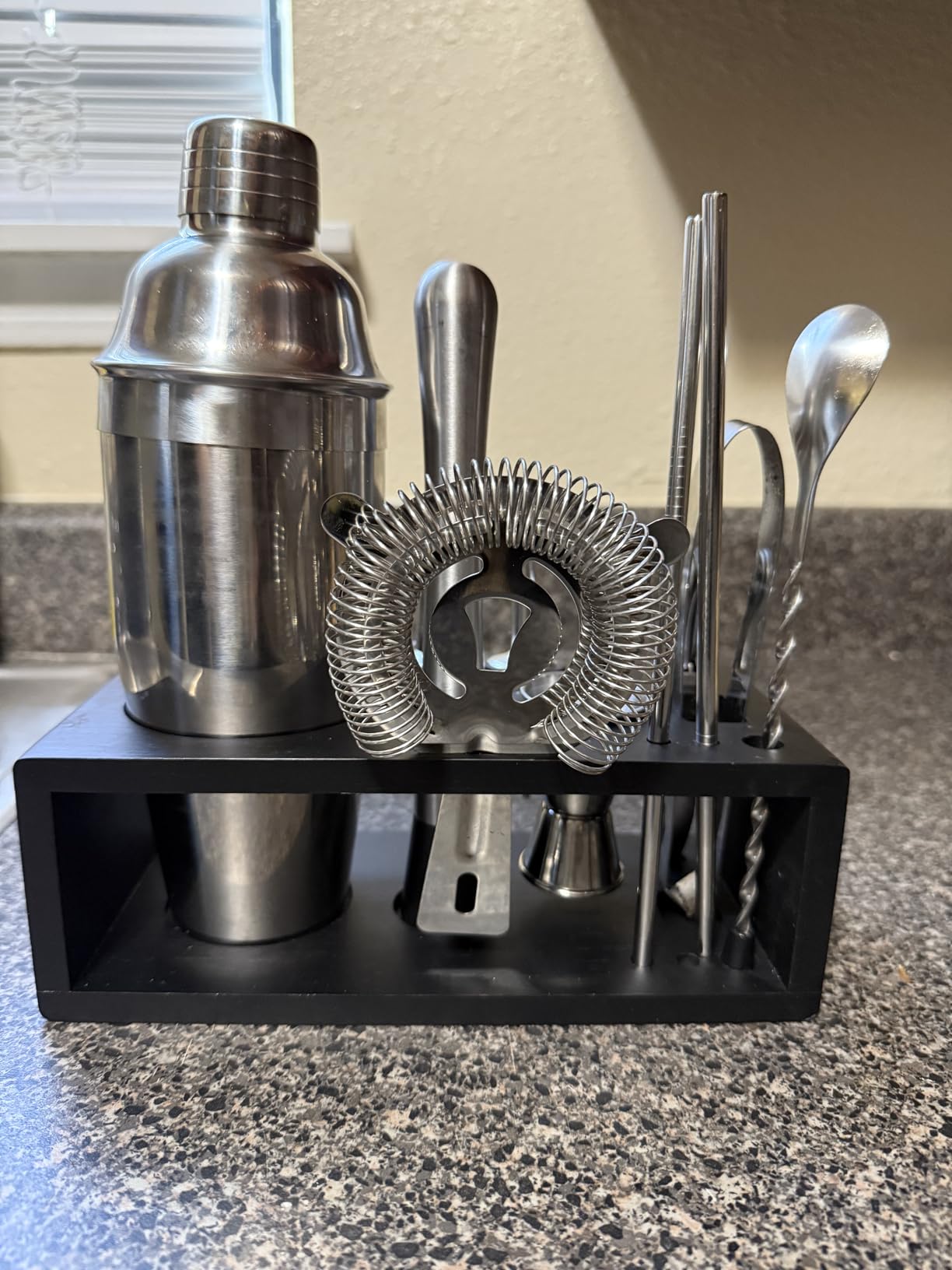 Black Stainless Steel Cocktail Shaker Set with Wood Stand - 15 Piece Bartender Kit with Drink Shaker, Bar Spoon, Jigger, Muddler, Strainer, Bottle Opener, Stopper, Pour Spout, Stirrers, Tongs, Recipes customer photo 2
