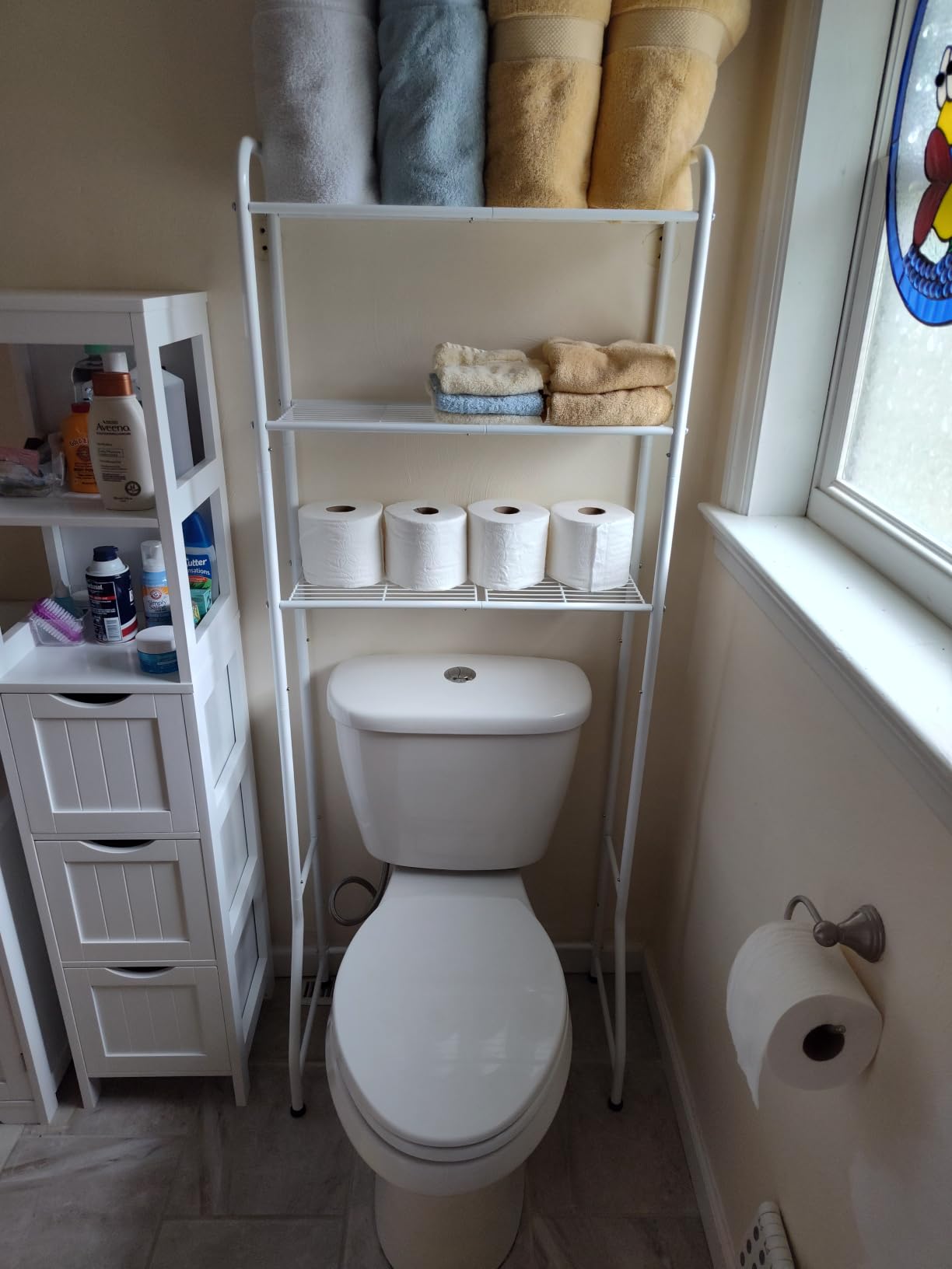 Simple Trending Over The Toilet Storage Rack, Metal 3 Tier Bathroom Organizer Shelf with Paper Holder and 3 Hooks, Freestanding Shelf Space Saver Above Toilet, White customer photo 1