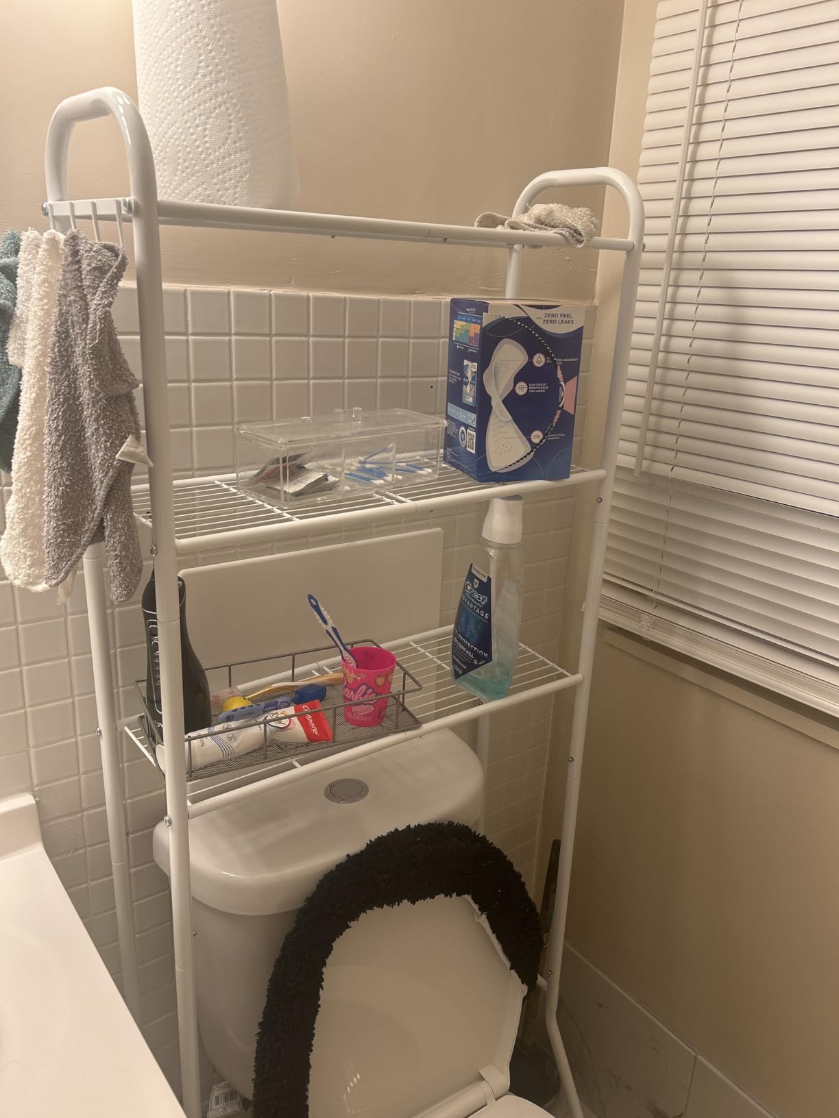 Simple Trending Over The Toilet Storage Rack, Metal 3 Tier Bathroom Organizer Shelf with Paper Holder and 3 Hooks, Freestanding Shelf Space Saver Above Toilet, White customer photo 2