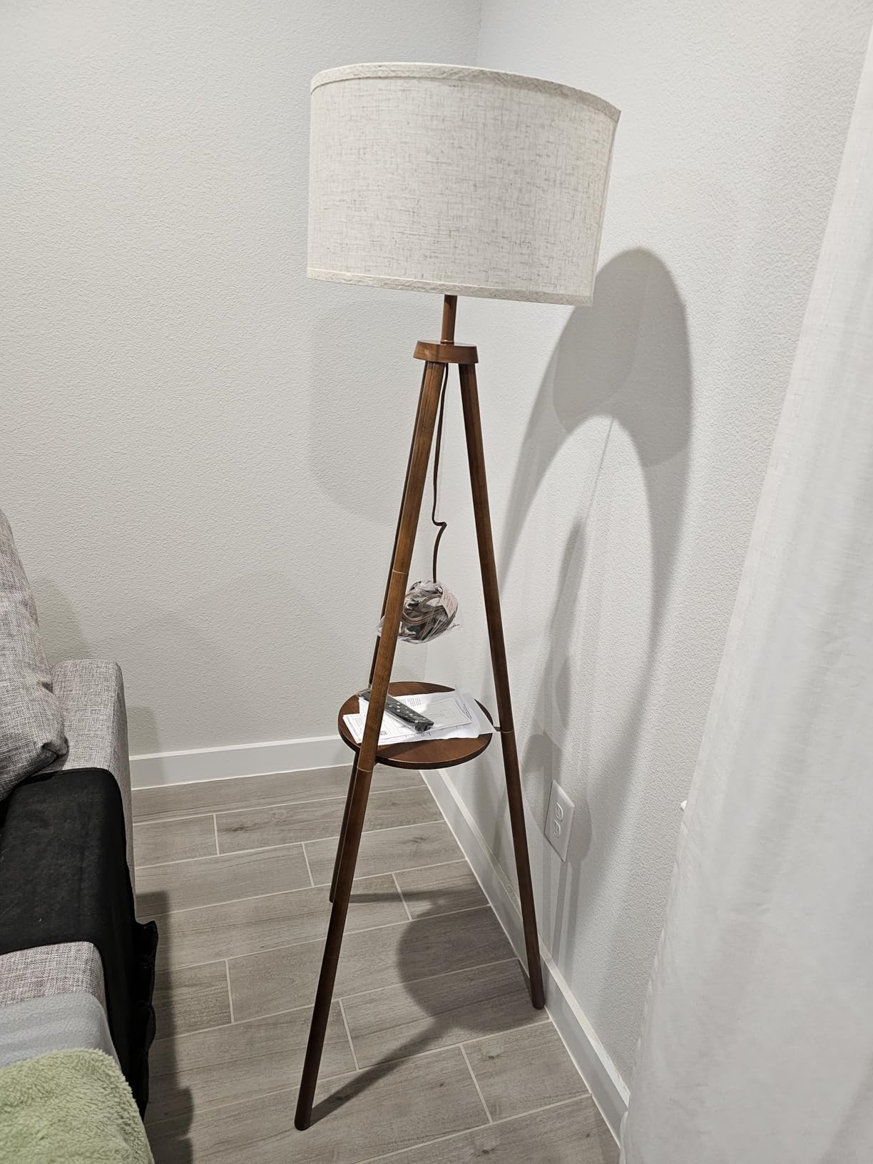 OUTON Wood Tripod Floor Lamp with Shelves, Mid Century LED Modern Dimmable Floor Lamp with Remote Control, Sturdy Tall Standing Lamp with Beige Linen Texture Shade for Living Room, Bedroom, Office customer photo 1
