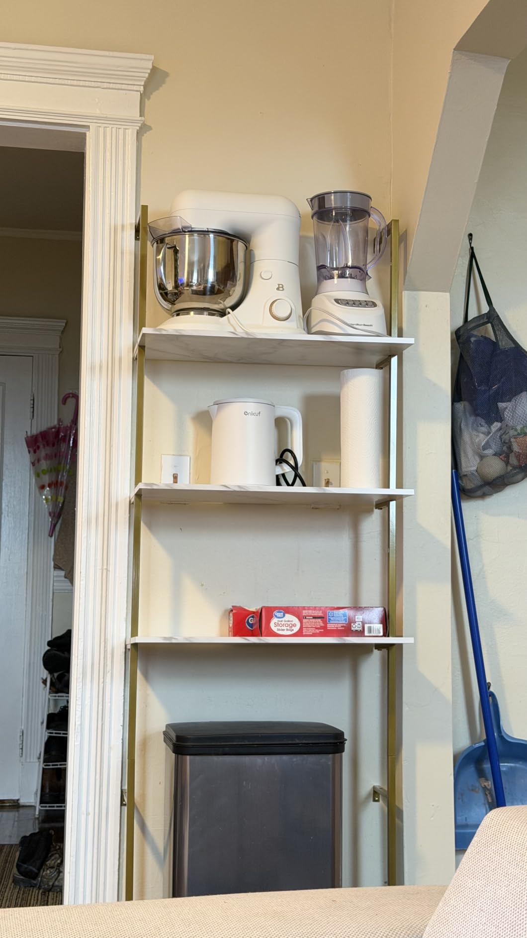 Wolawu Ladder Shelf 4 Tiers Metal Industrial Bookshelf,White Marble Wood Tall Open Storage Rack and Display Shelves,Wall Mount Wide Book Case for Home Office Bedroom,Small customer photo 1