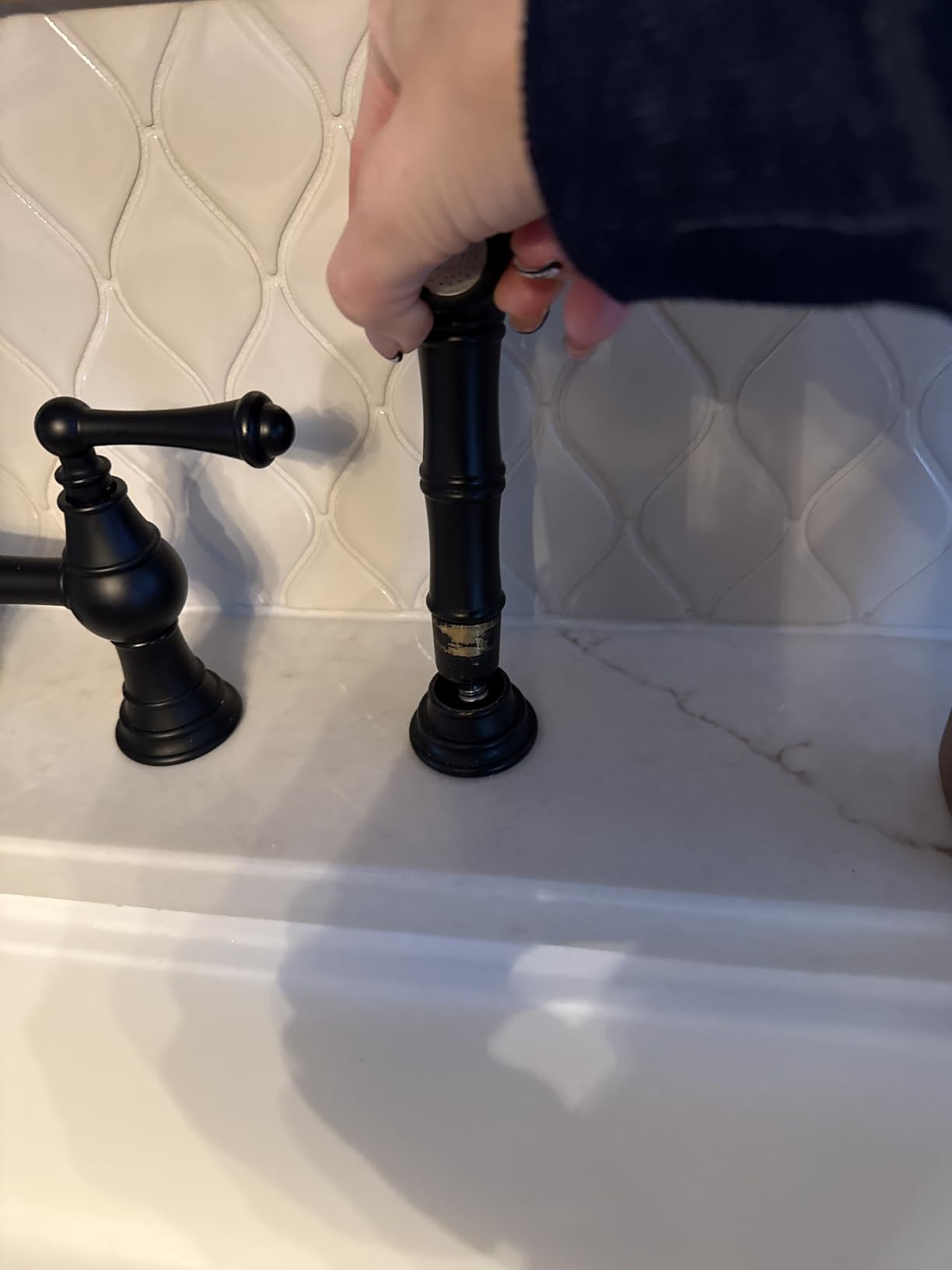 WOWOW Brass Bridge Kitchen Faucet 4 Hole with Side Sprayer, Polished Nickel customer photo 1