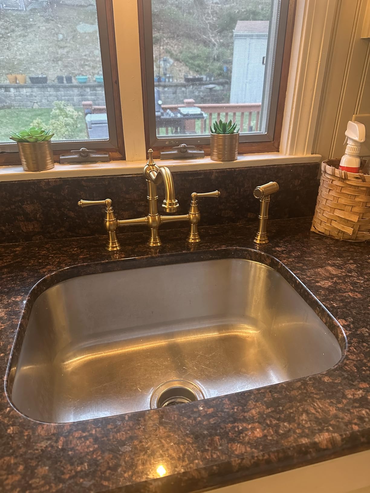 WOWOW Brass Bridge Kitchen Faucet 4 Hole with Side Sprayer, Polished Nickel customer photo 2