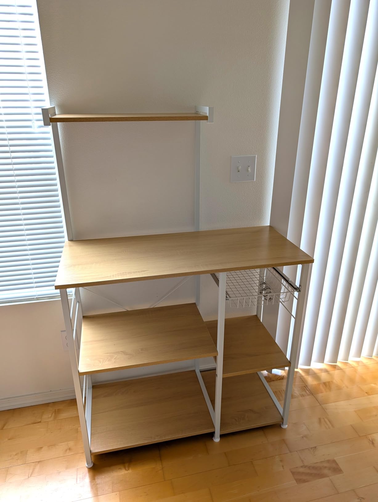 VASAGLE Baker's Rack, Microwave Stand, Kitchen Storage Rack with Wire Basket, 6 Hooks, and Shelves, for Spices, Pots, and Pans, Golden Oak and Cloud White UKKS035W09 customer photo 1
